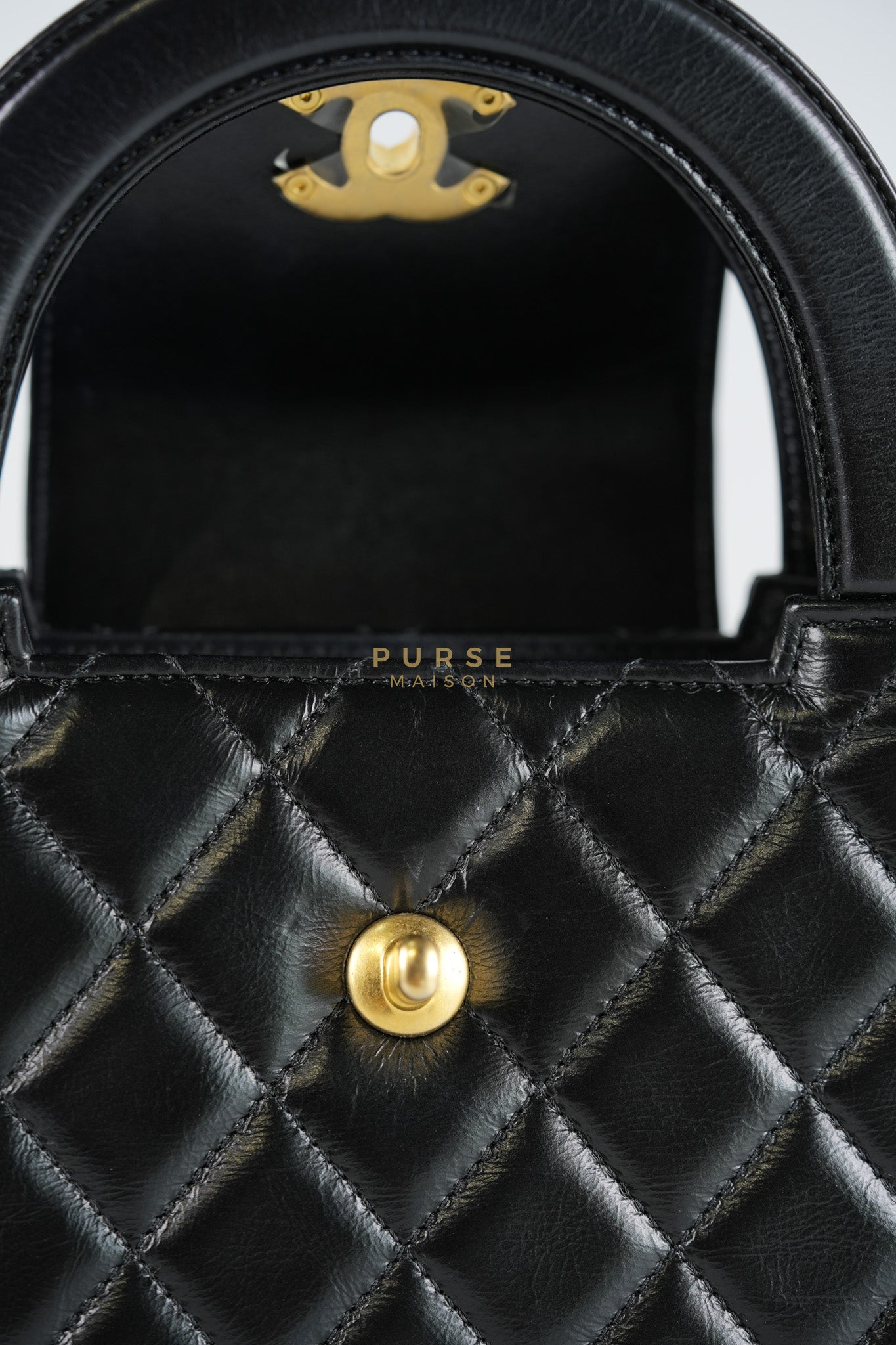 Mini Kelly Top Handle Bag in Black Quilted Calfskin Leather & Gold Hardware Microchip | Purse Maison Luxury Bags Shop