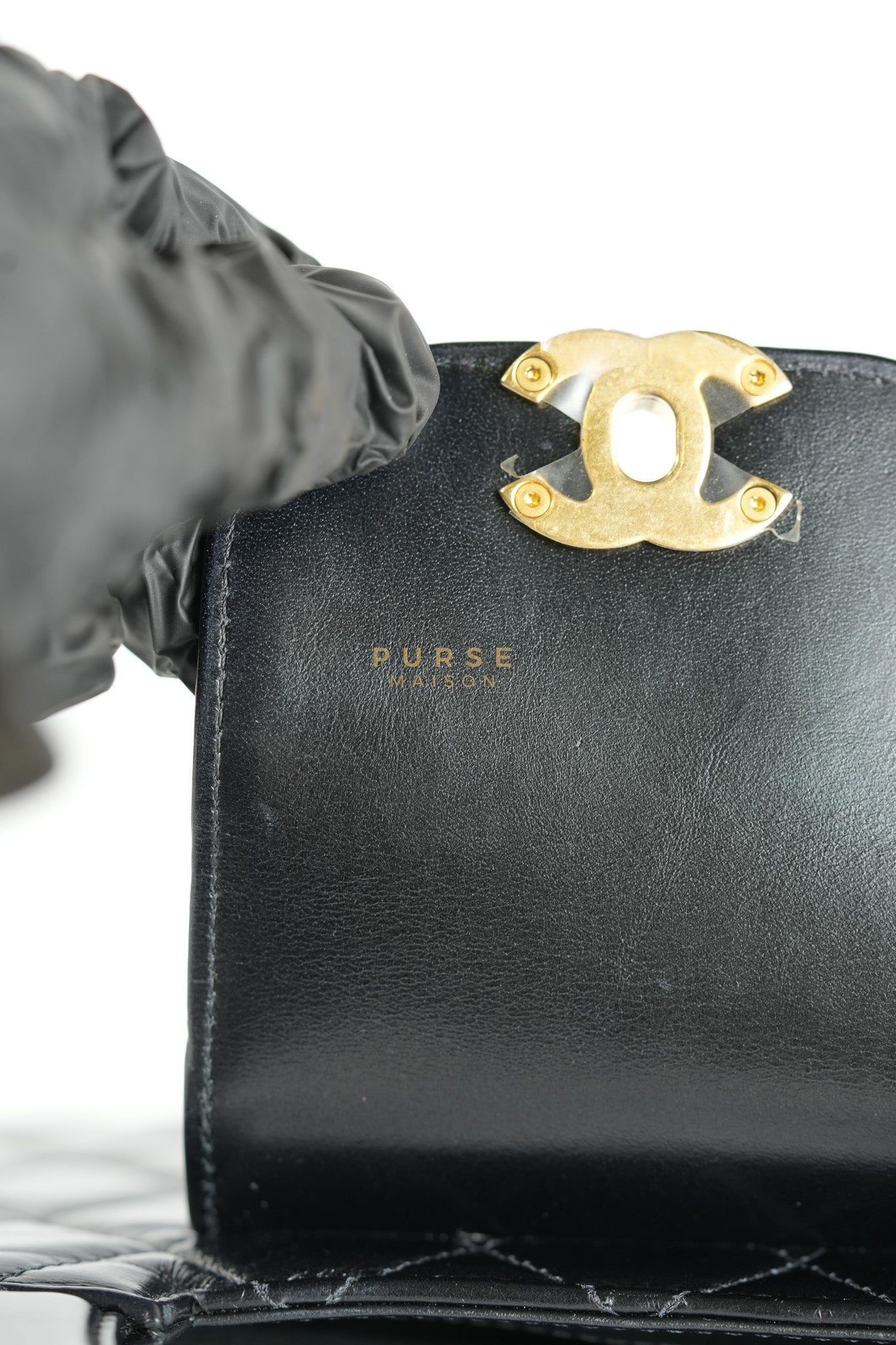 Mini Kelly Top Handle Bag in Black Quilted Calfskin Leather & Gold Hardware Microchip | Purse Maison Luxury Bags Shop