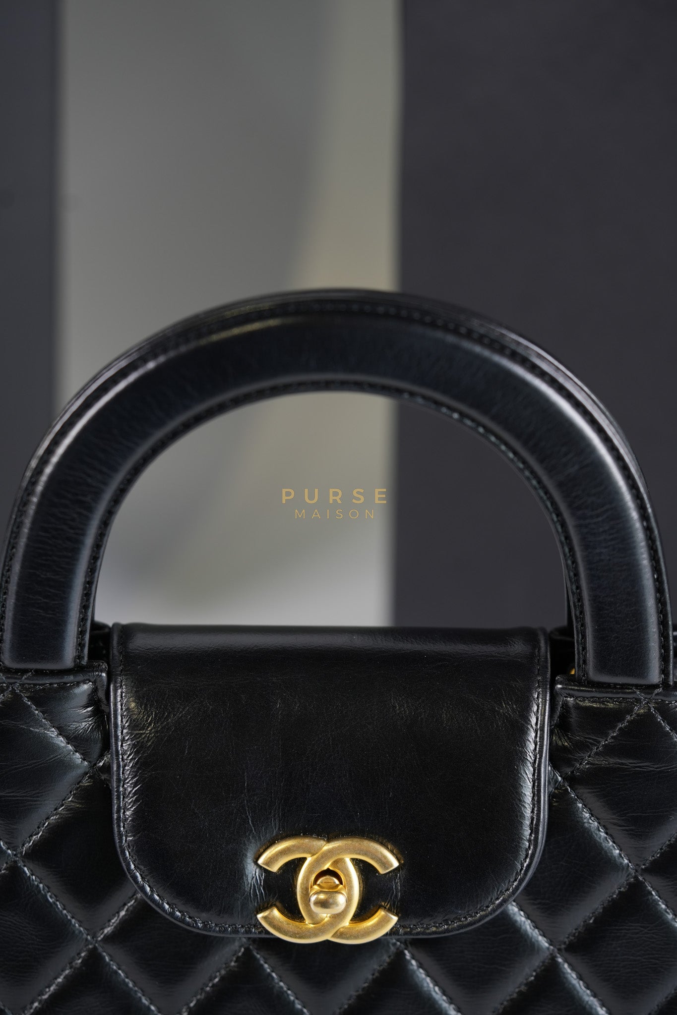 Mini Kelly Top Handle Bag in Black Quilted Calfskin Leather & Gold Hardware Microchip | Purse Maison Luxury Bags Shop