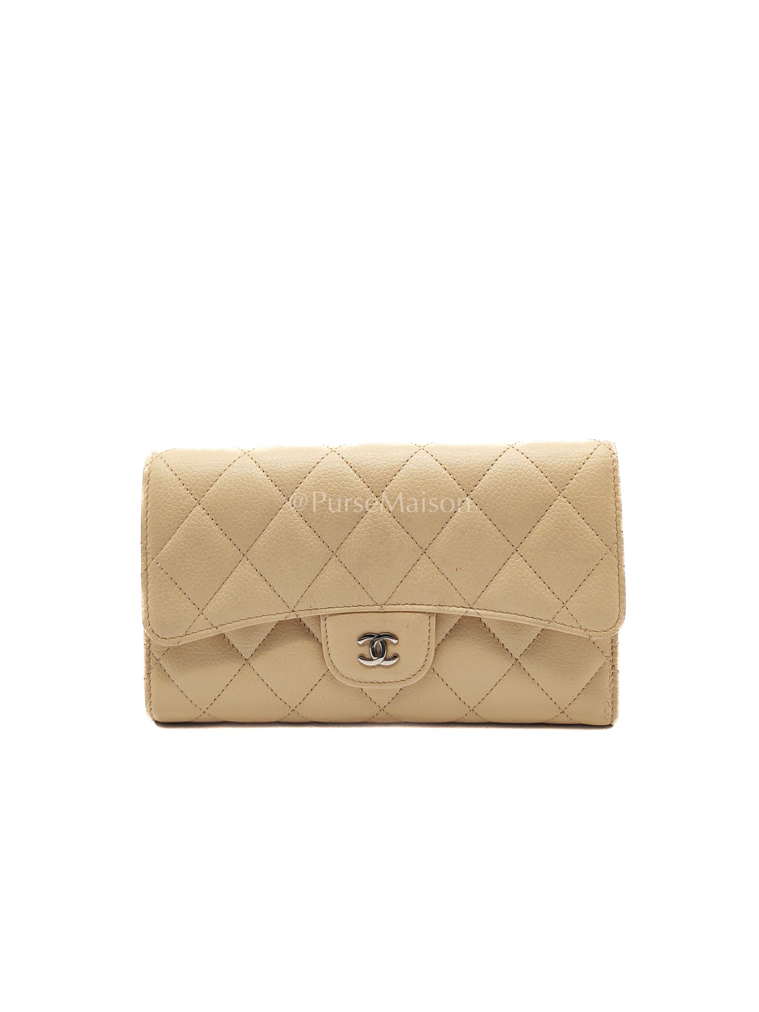 Chanel Classic Long Flap Wallet in Beige Quilted Caviar Leather and Silver Hardware Series 15