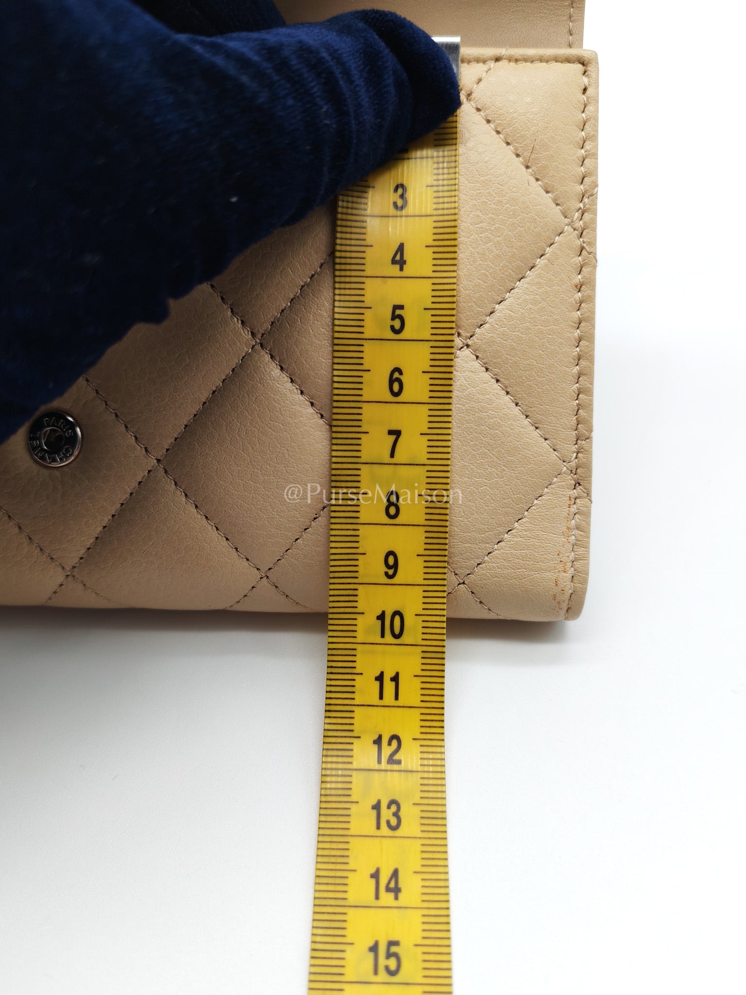 Chanel Classic Long Flap Wallet in Beige Quilted Caviar Leather and Silver Hardware Series 15