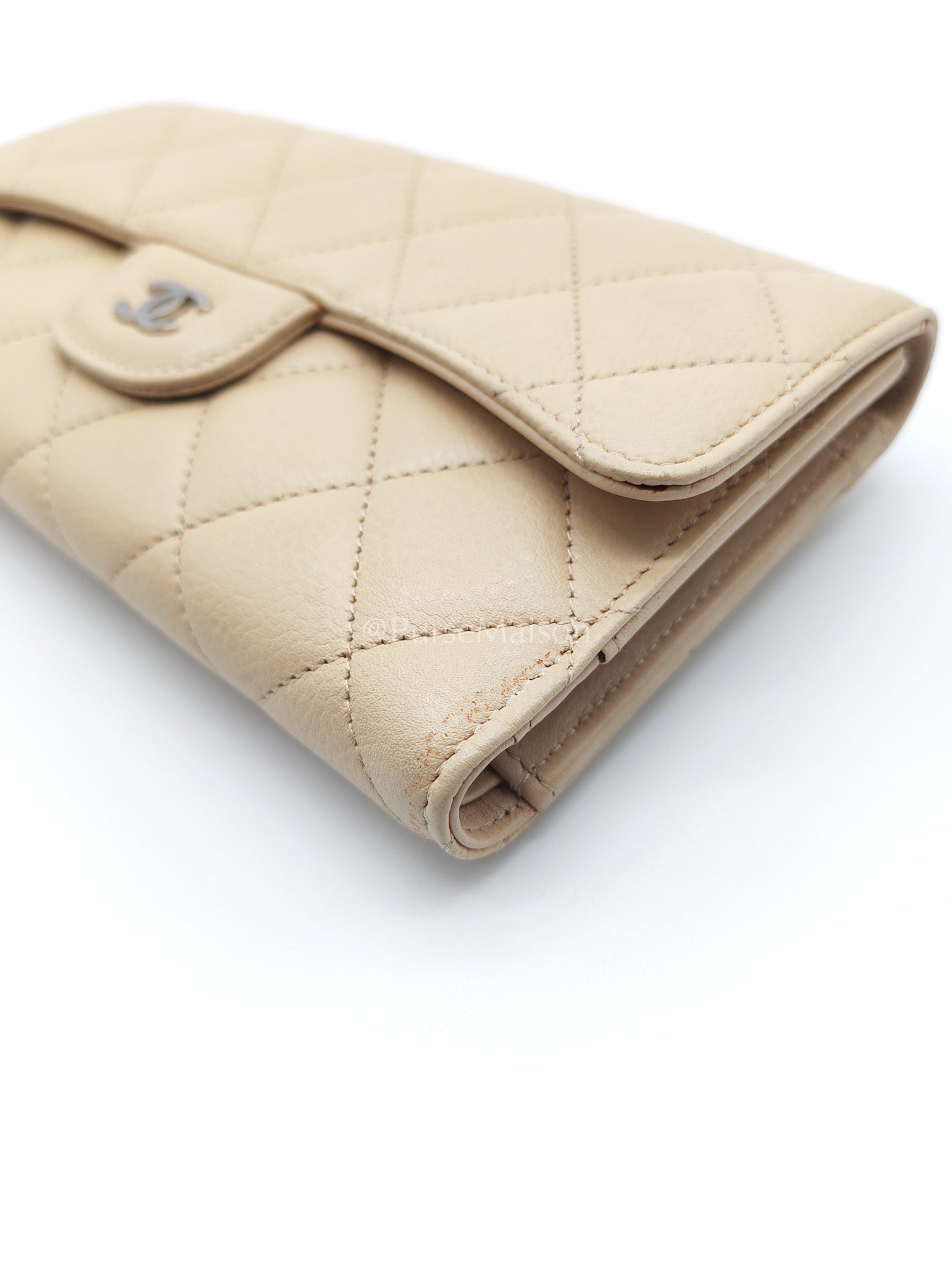 Chanel Classic Long Flap Wallet in Beige Quilted Caviar Leather and Silver Hardware Series 15