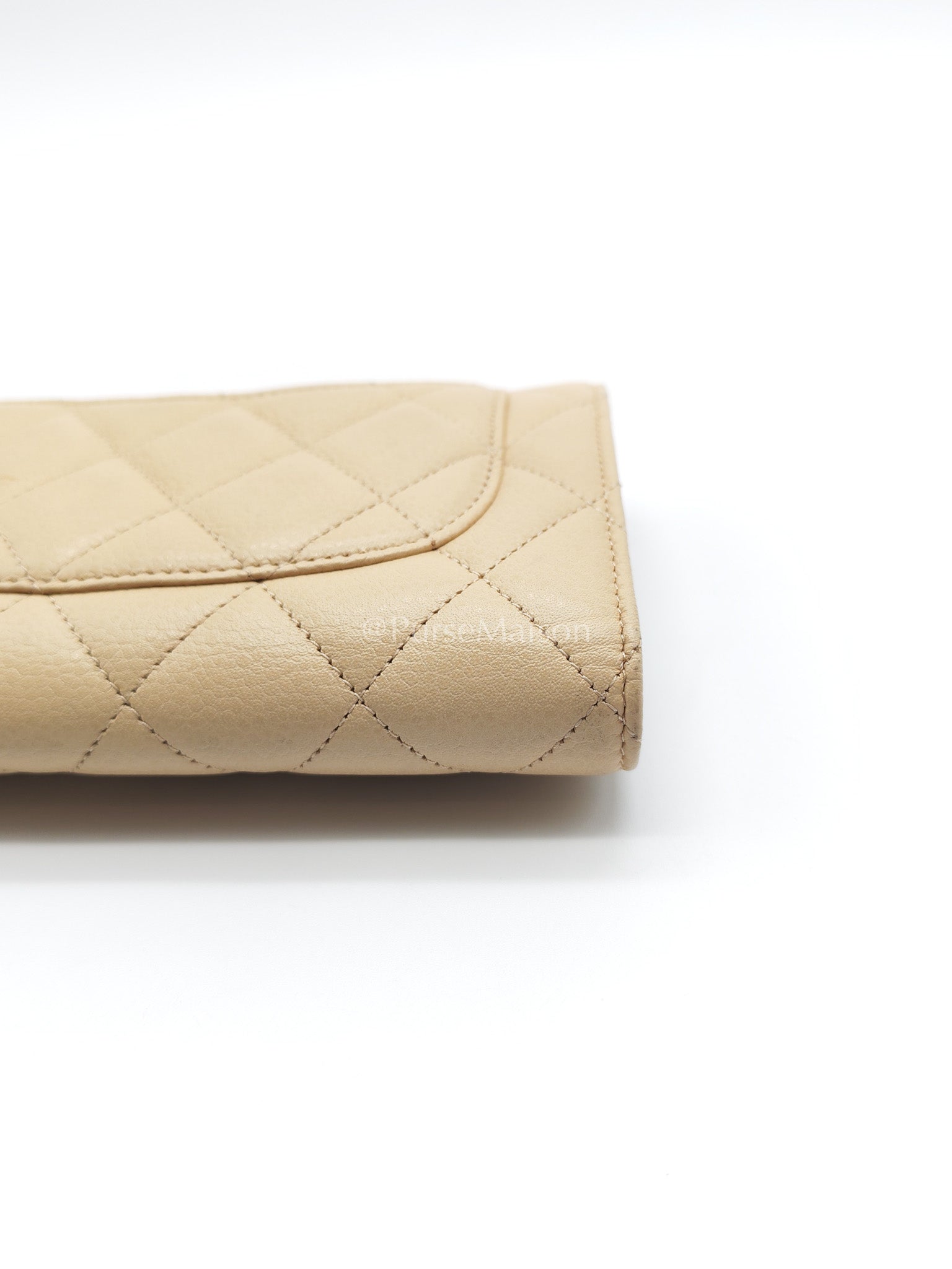 Chanel Classic Long Flap Wallet in Beige Quilted Caviar Leather and Silver Hardware Series 15