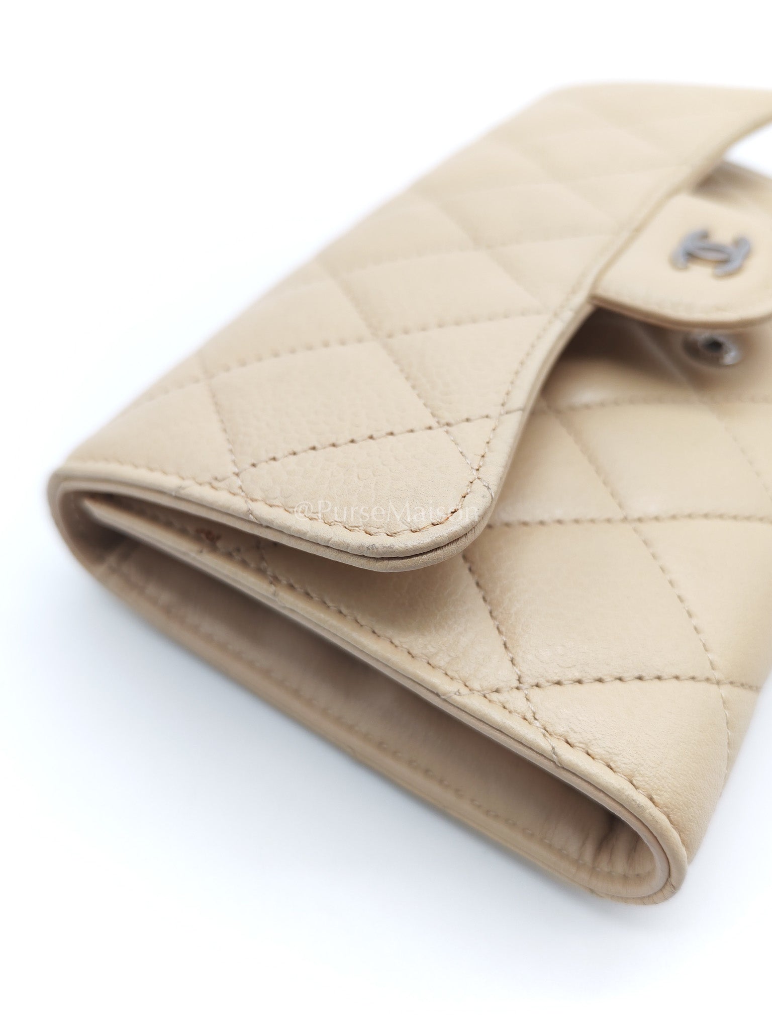 Chanel Classic Long Flap Wallet in Beige Quilted Caviar Leather and Silver Hardware Series 15