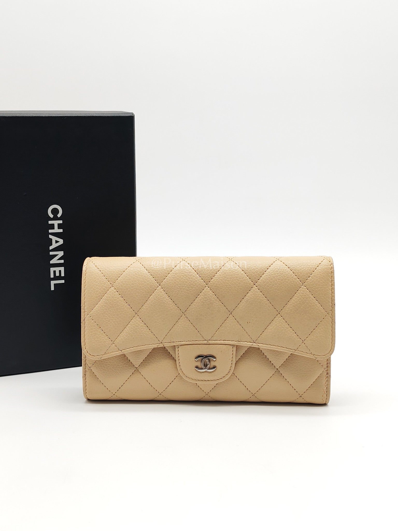 Chanel Classic Long Flap Wallet in Beige Quilted Caviar Leather and Silver Hardware Series 15