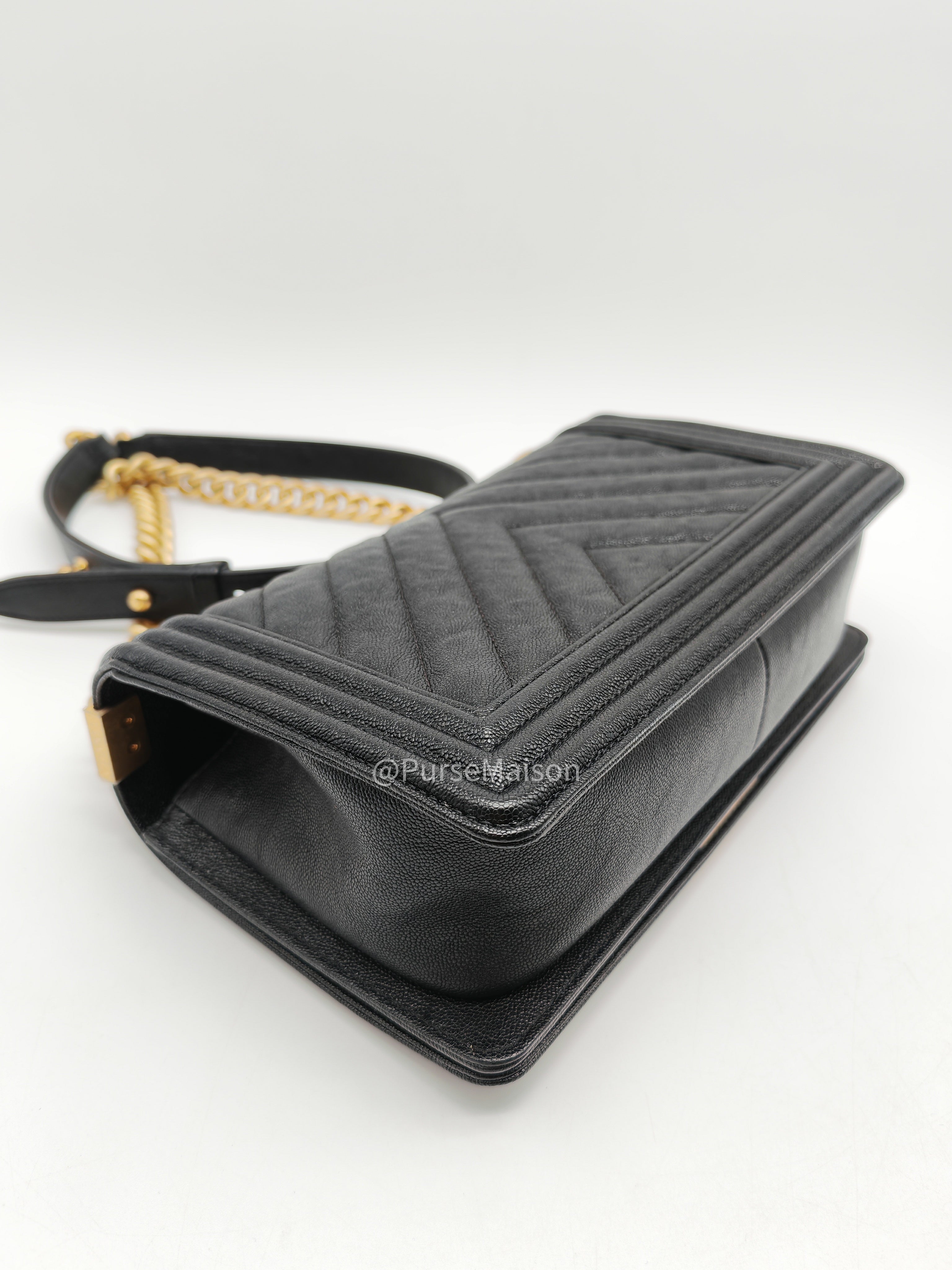 Chanel Boy Old Medium in Black Chevron Calfskin Leather and Aged Gold Hardware Series 26