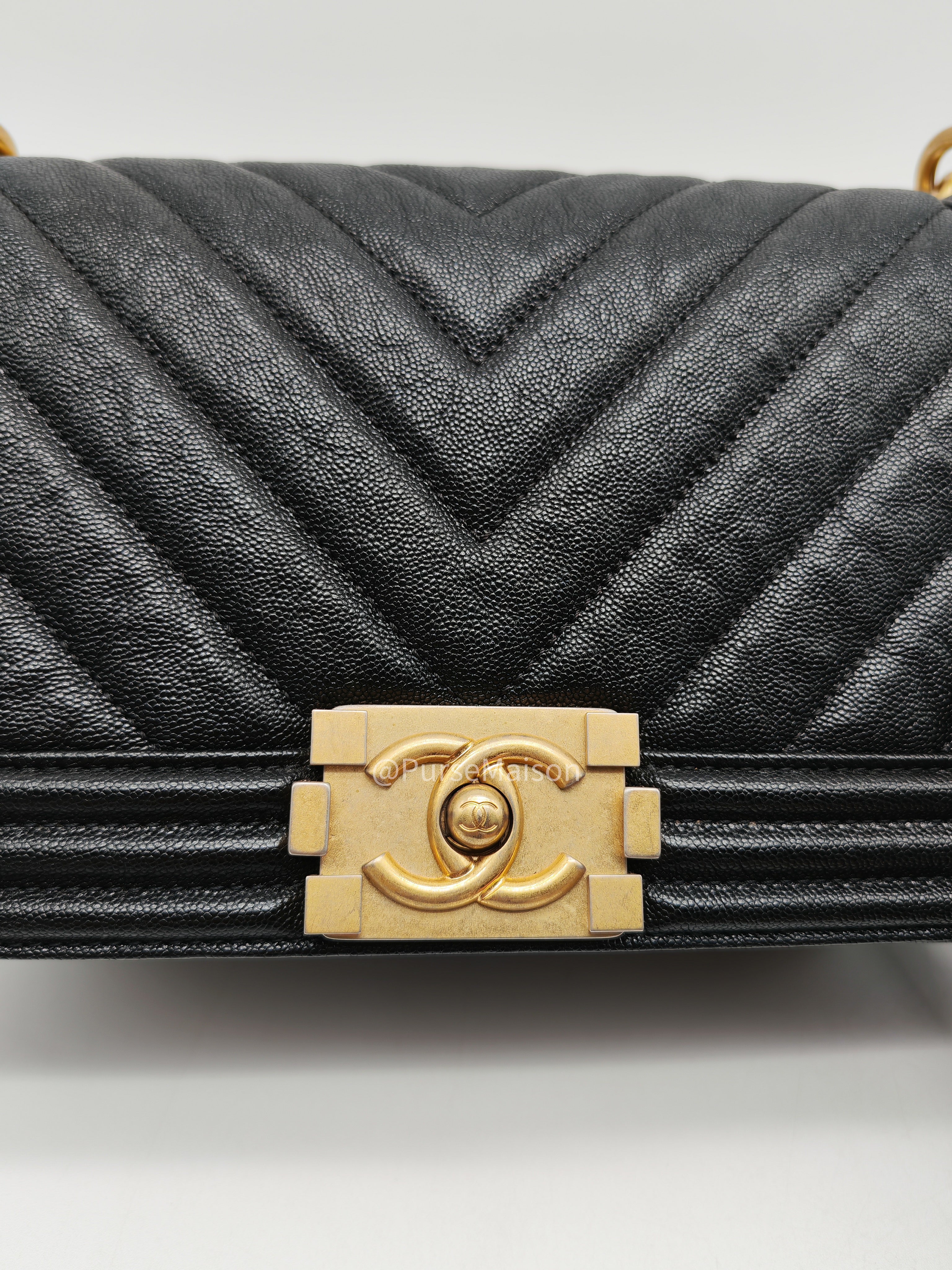 Chanel Boy Old Medium in Black Chevron Calfskin Leather and Aged Gold Hardware Series 26