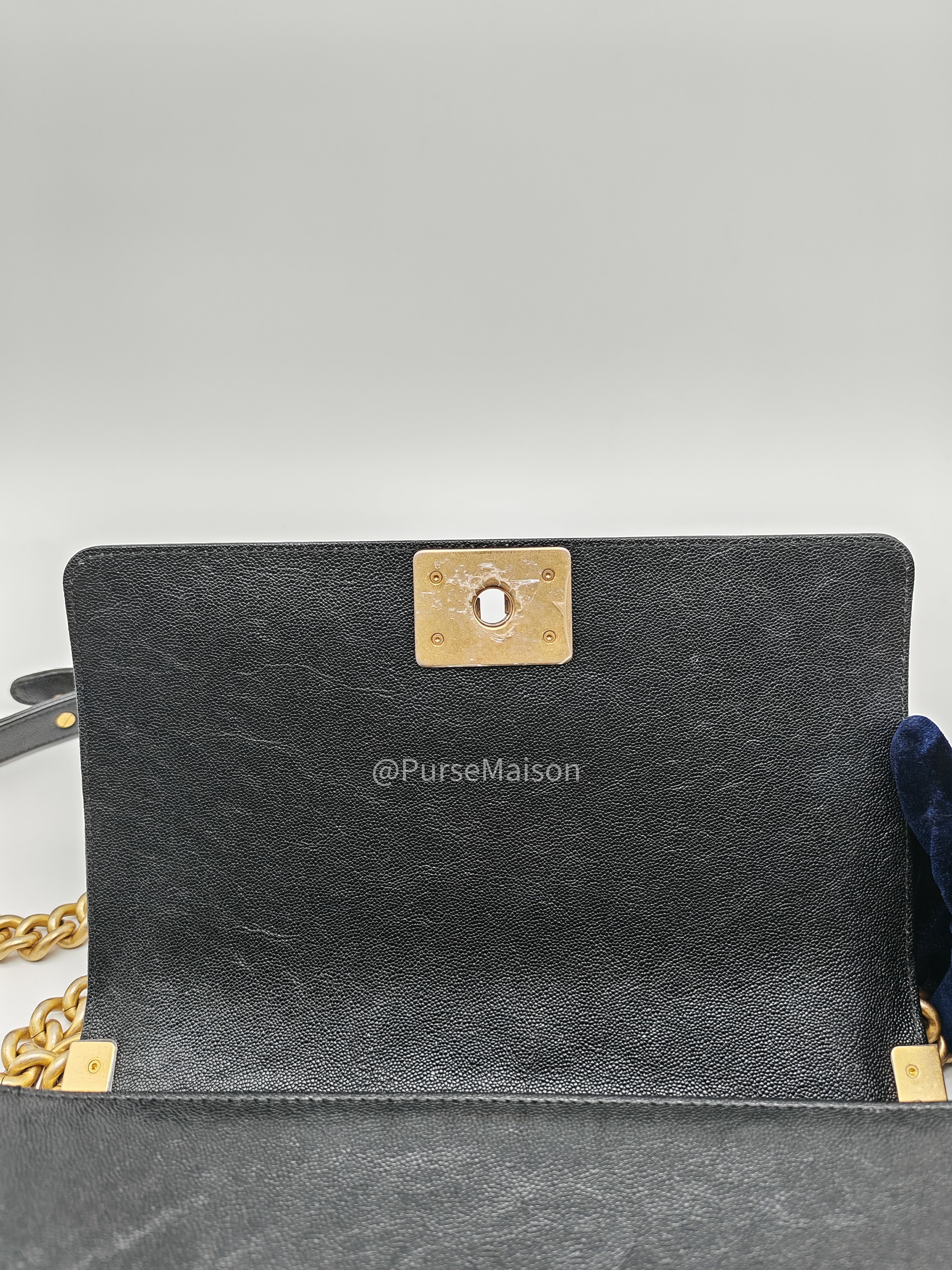 Chanel Boy Old Medium in Black Chevron Calfskin Leather and Aged Gold Hardware Series 26