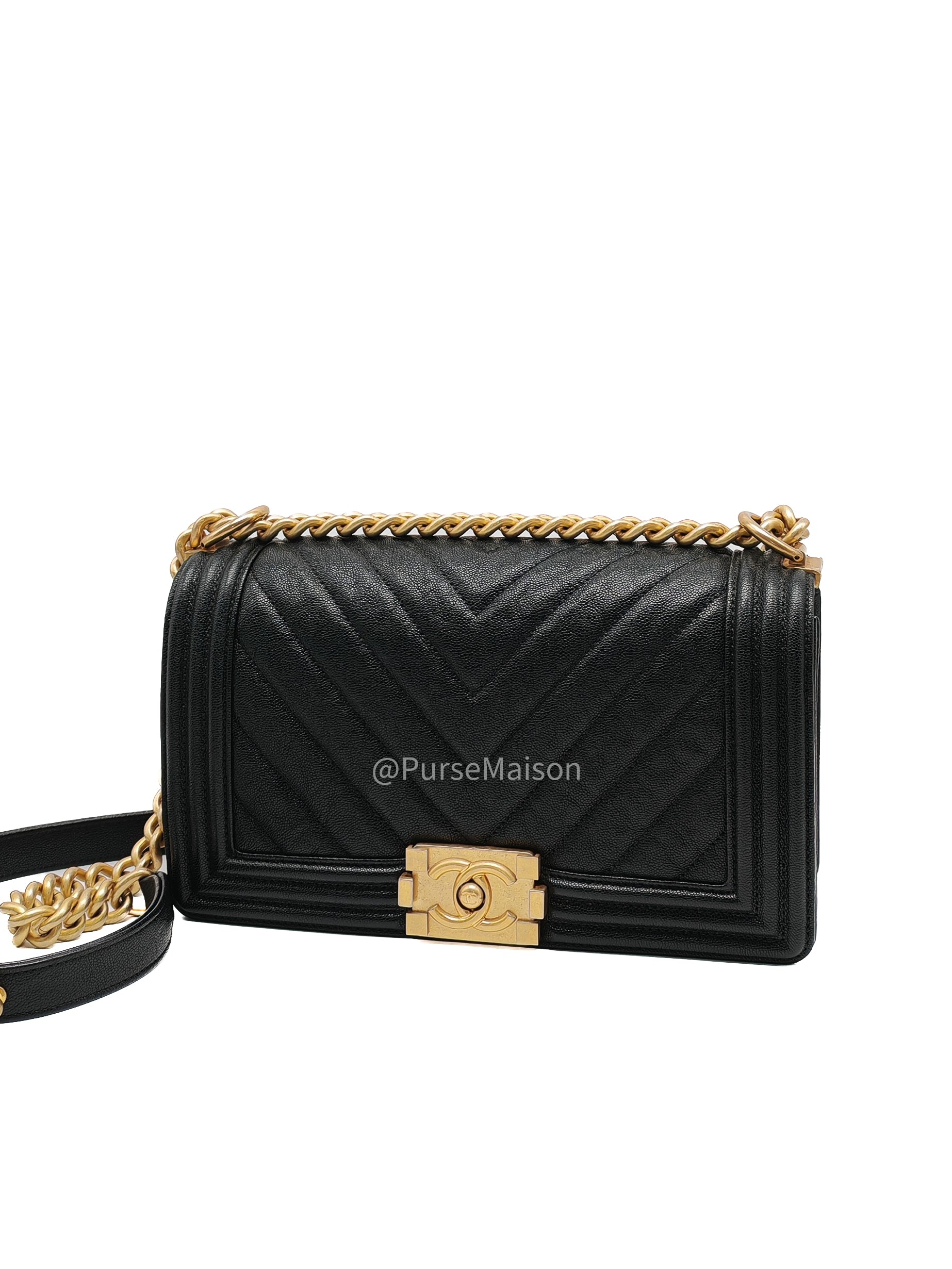 Chanel Boy Old Medium in Black Chevron Calfskin Leather and Aged Gold Hardware Series 26