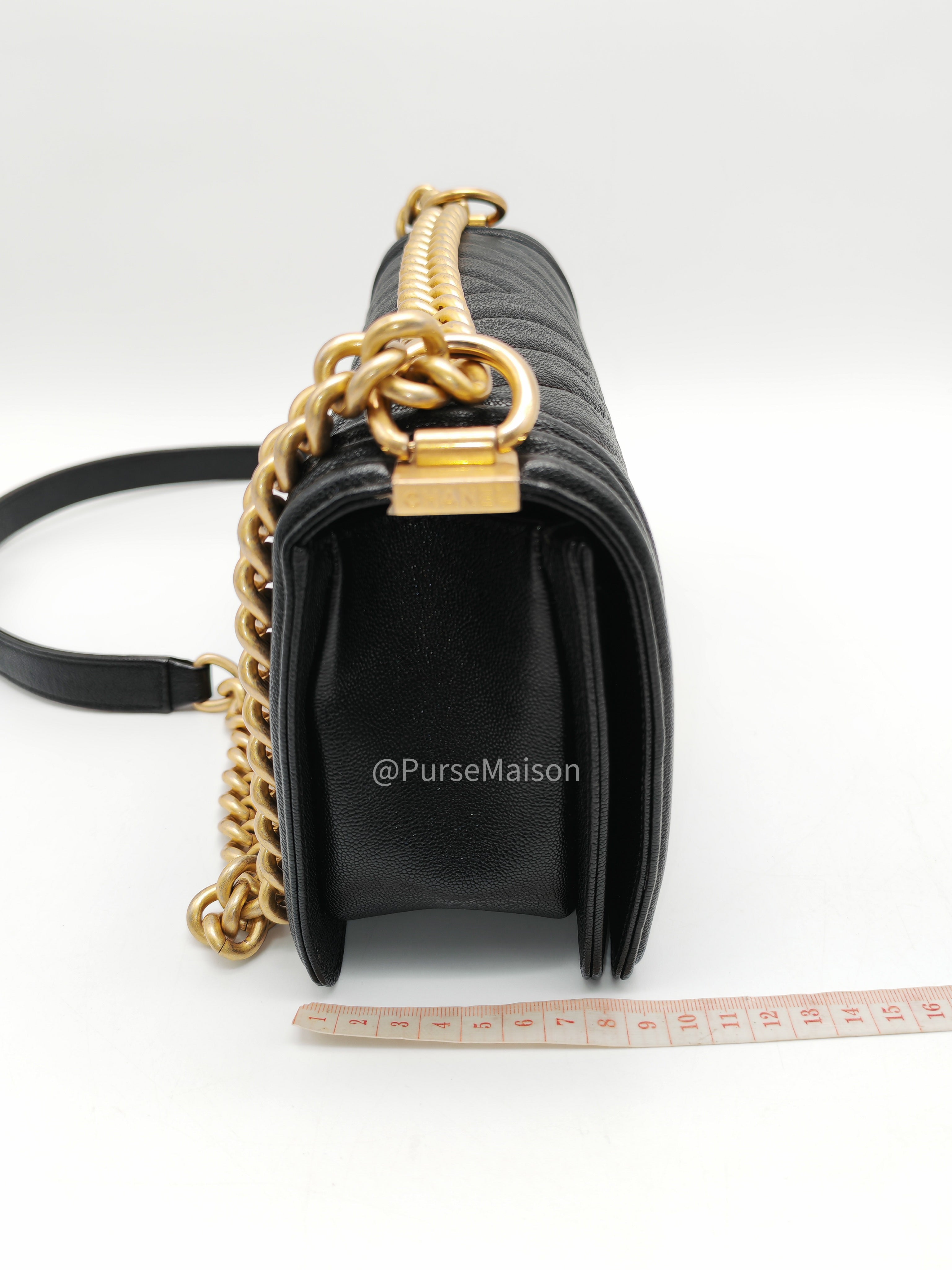 Chanel Boy Old Medium in Black Chevron Calfskin Leather and Aged Gold Hardware Series 26
