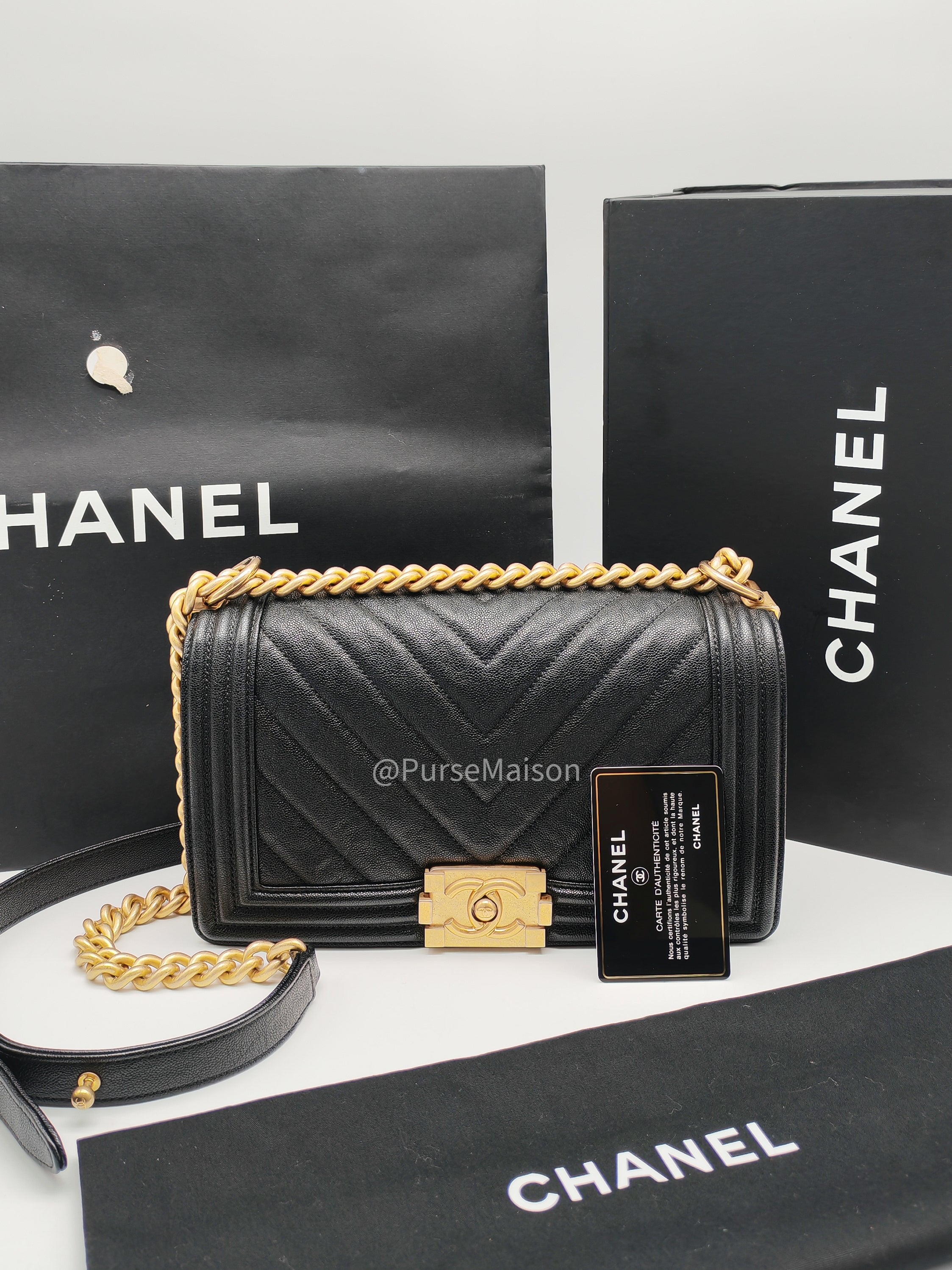 Chanel Boy Old Medium in Black Chevron Calfskin Leather and Aged Gold Hardware Series 26