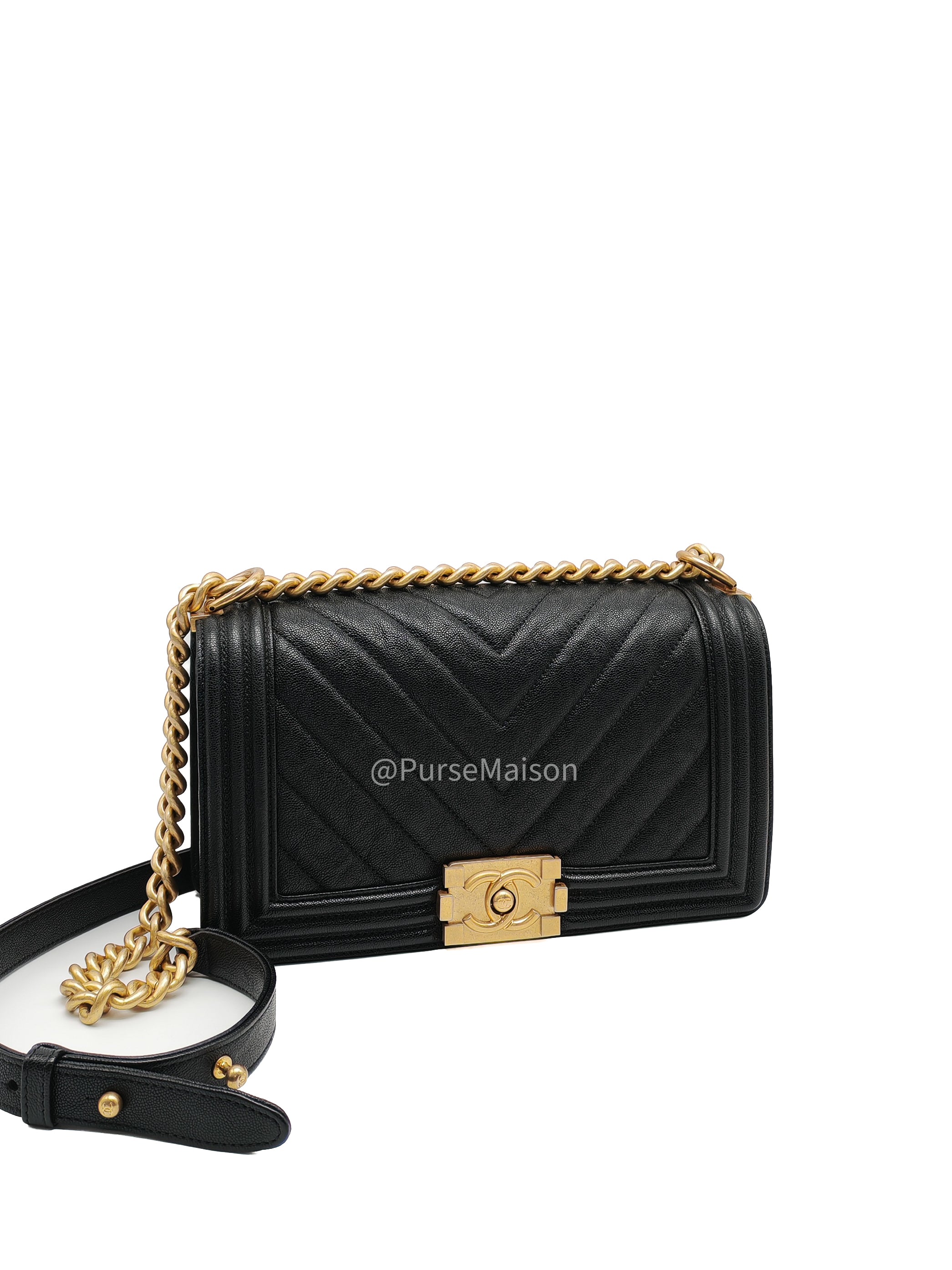 Chanel Boy Old Medium in Black Chevron Calfskin Leather and Aged Gold Hardware Series 26