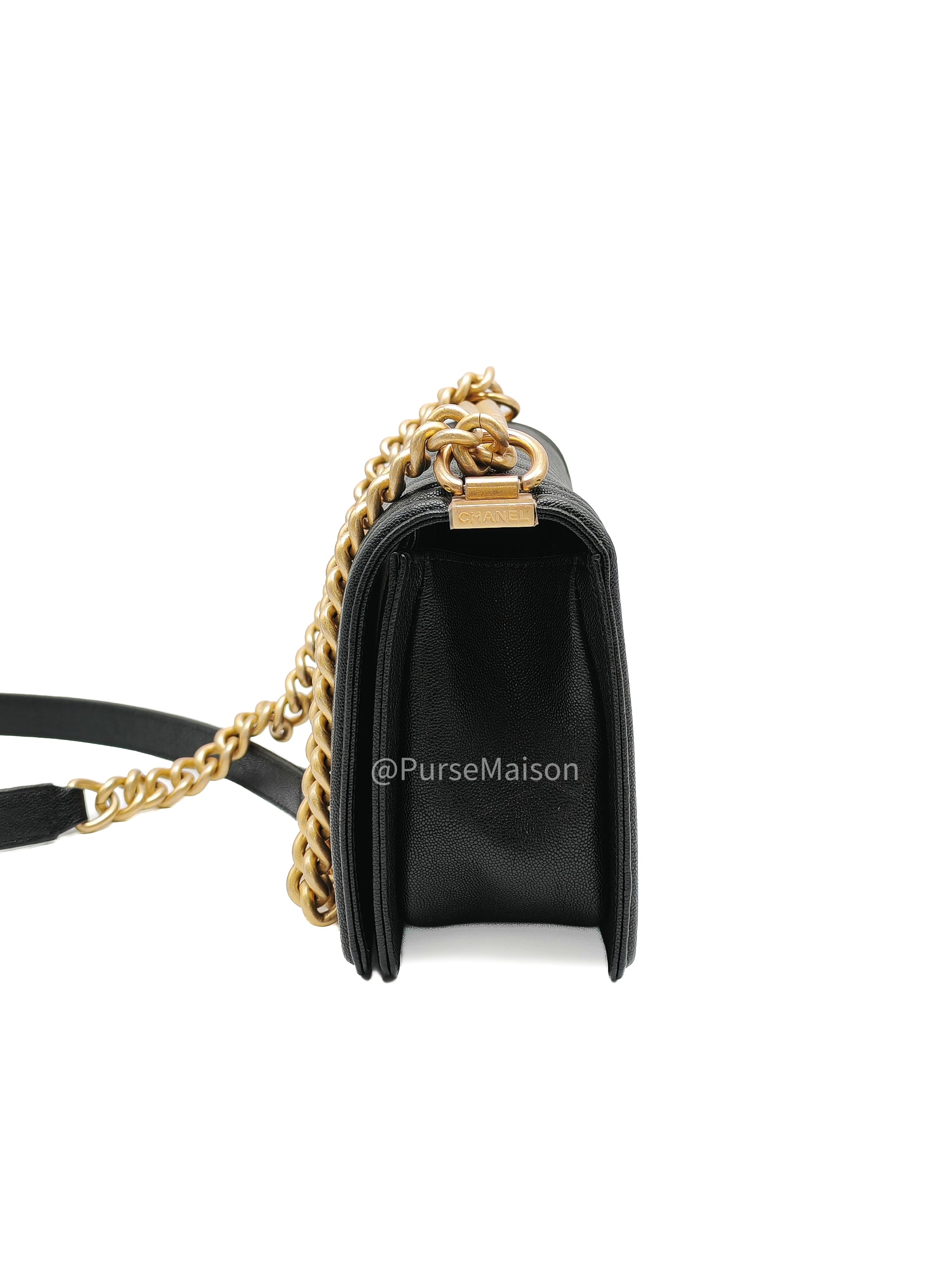 Chanel Boy Old Medium in Black Chevron Calfskin Leather and Aged Gold Hardware Series 26