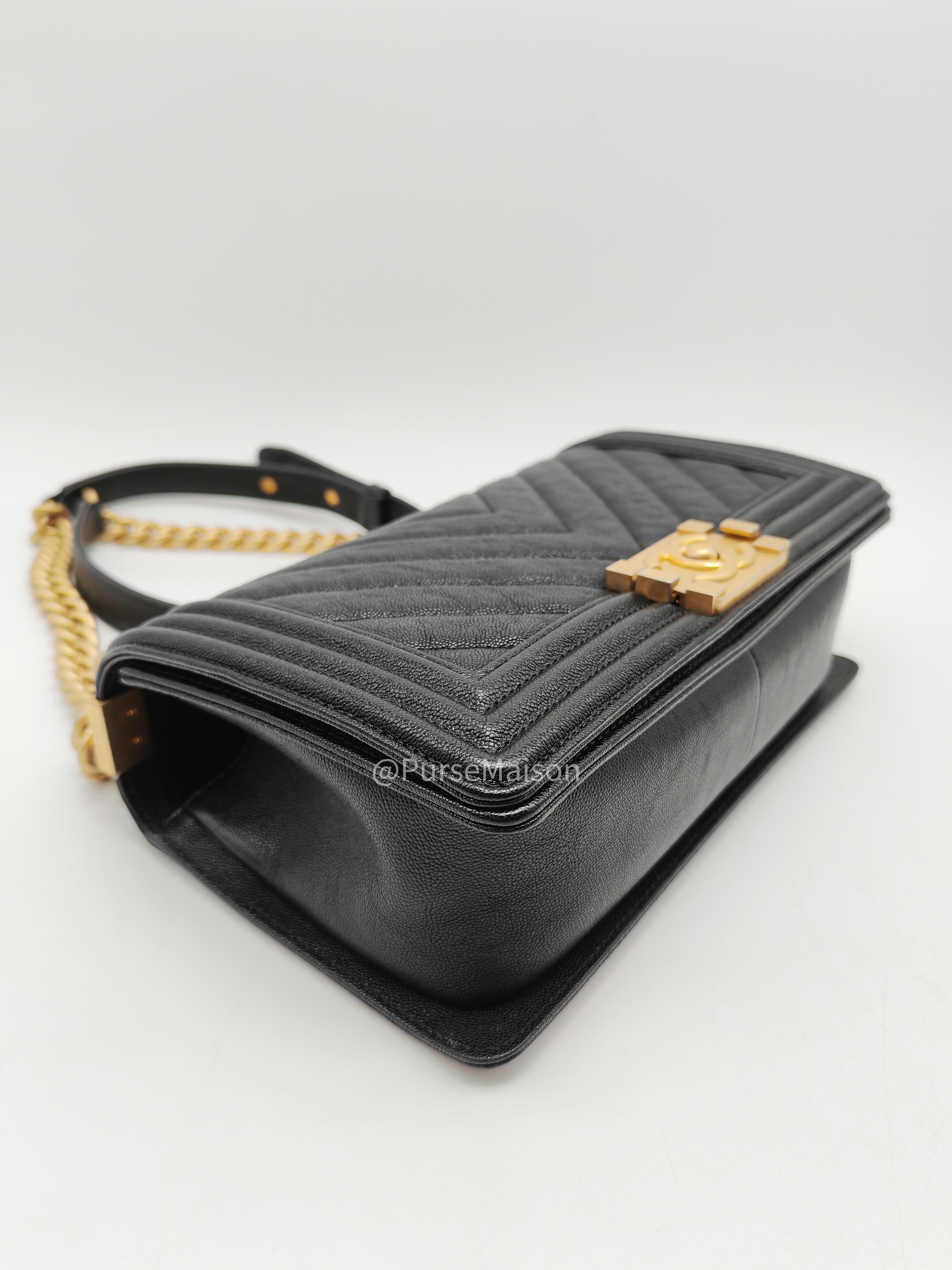 Chanel Boy Old Medium in Black Chevron Calfskin Leather and Aged Gold Hardware Series 26