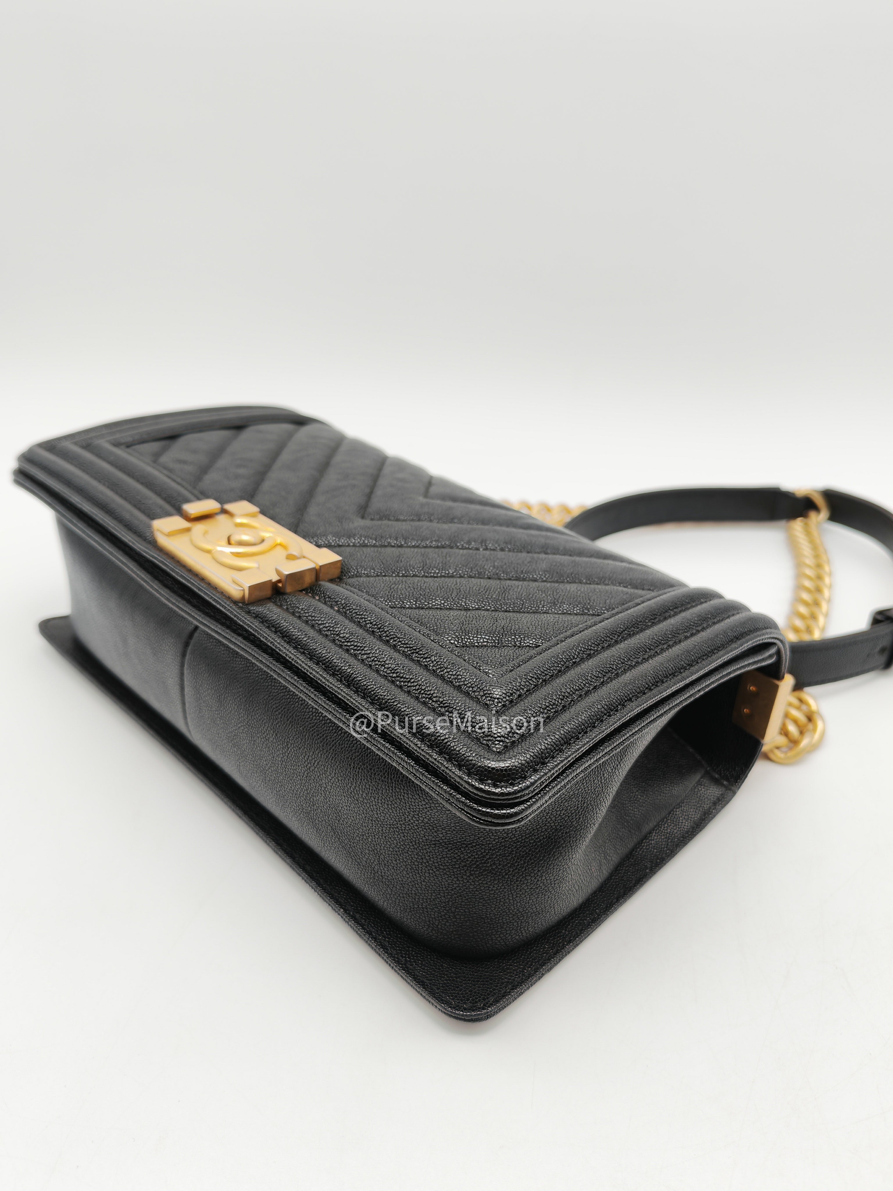Chanel Boy Old Medium in Black Chevron Calfskin Leather and Aged Gold Hardware Series 26