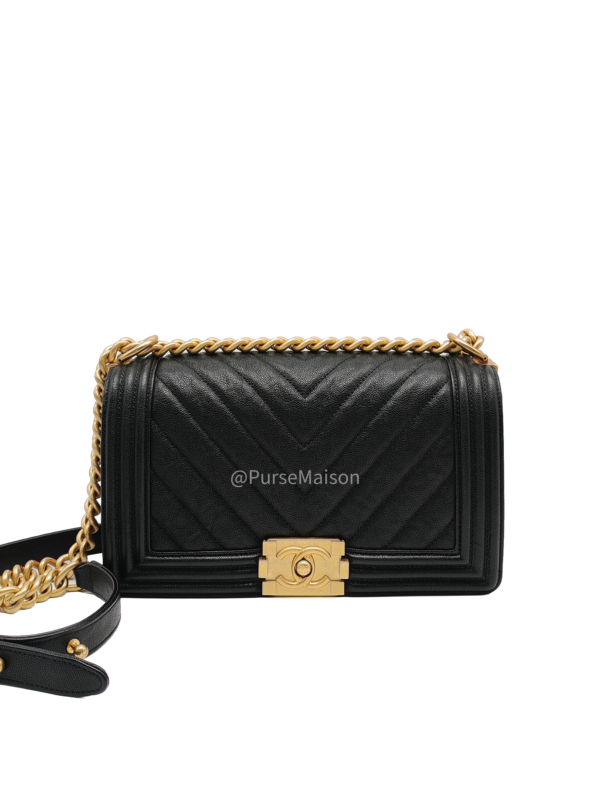 Chanel Boy Old Medium in Black Chevron Calfskin Leather and Aged Gold Hardware Series 26