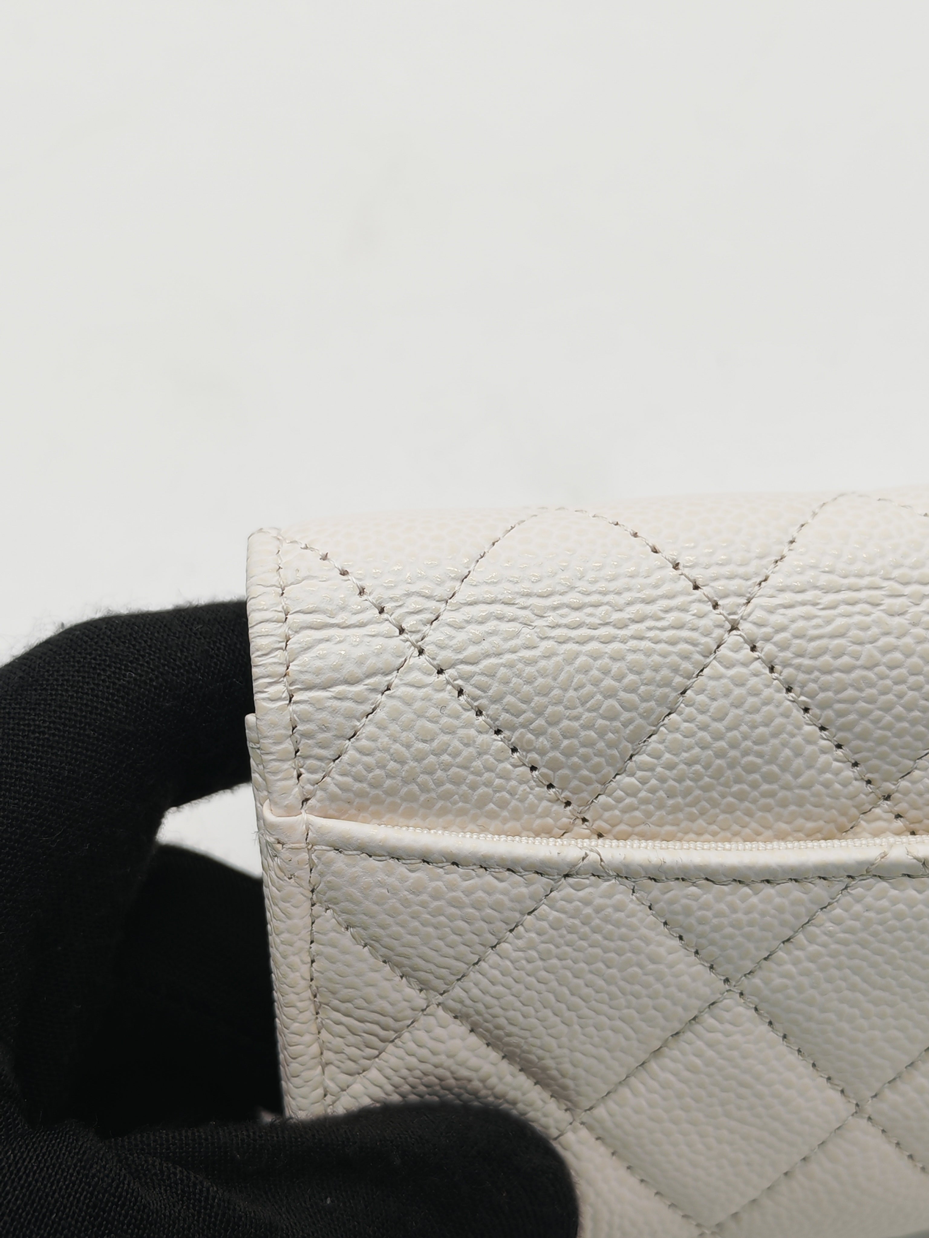 Chanel Classic Flap Card Holder in White Quilted Caviar Leather and Silver Hardware Series 30