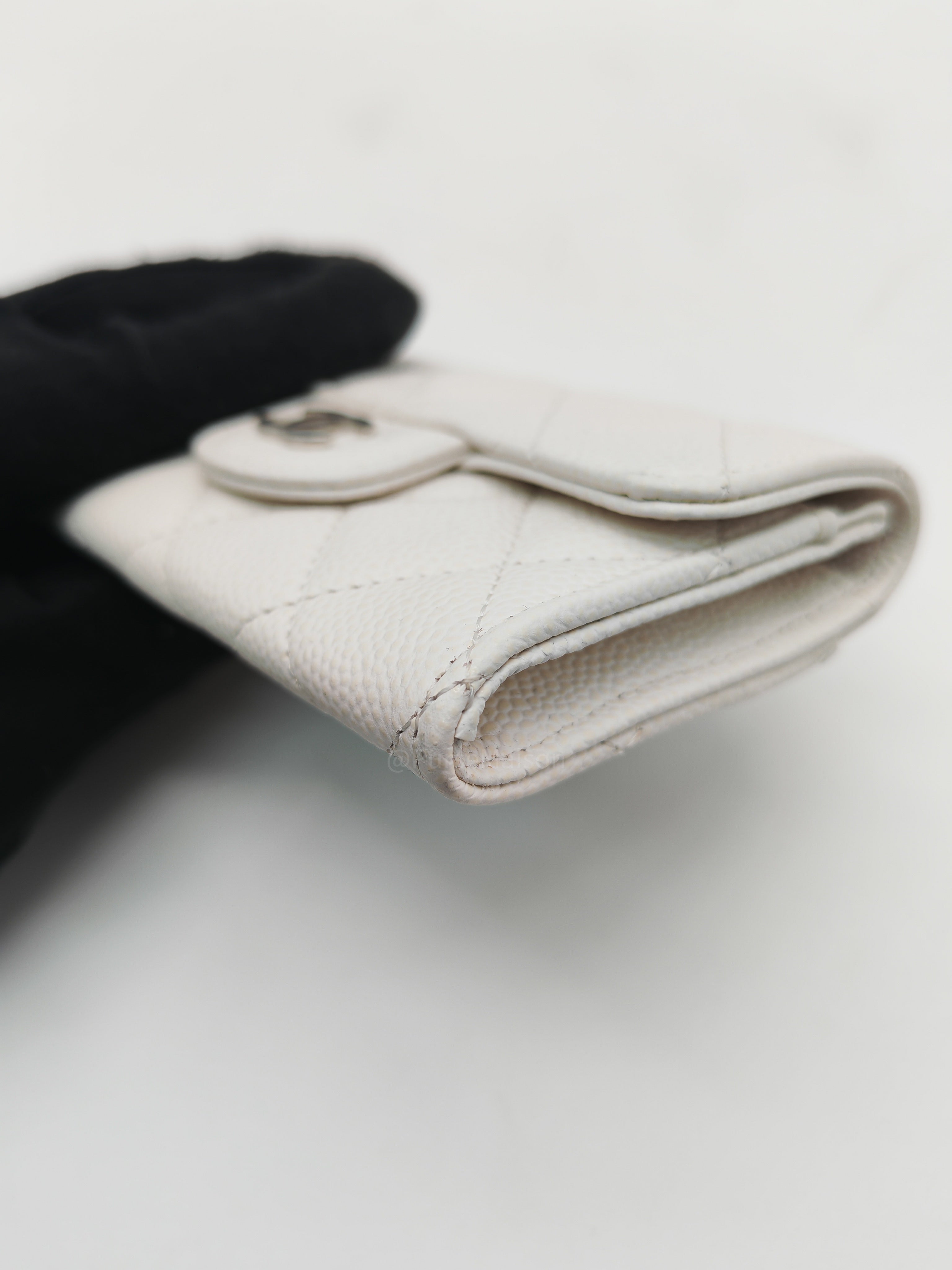 Chanel Classic Flap Card Holder in White Quilted Caviar Leather and Silver Hardware Series 30