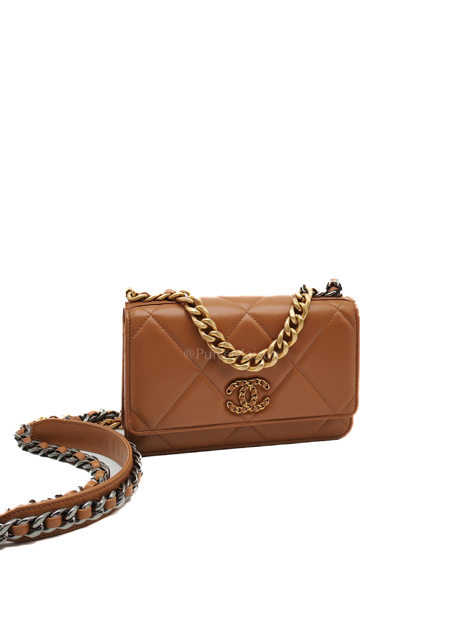 Chanel 19 Wallet On Chain (WOC) Caramel Lambskin Leather Mix Hardware (Microchip)
