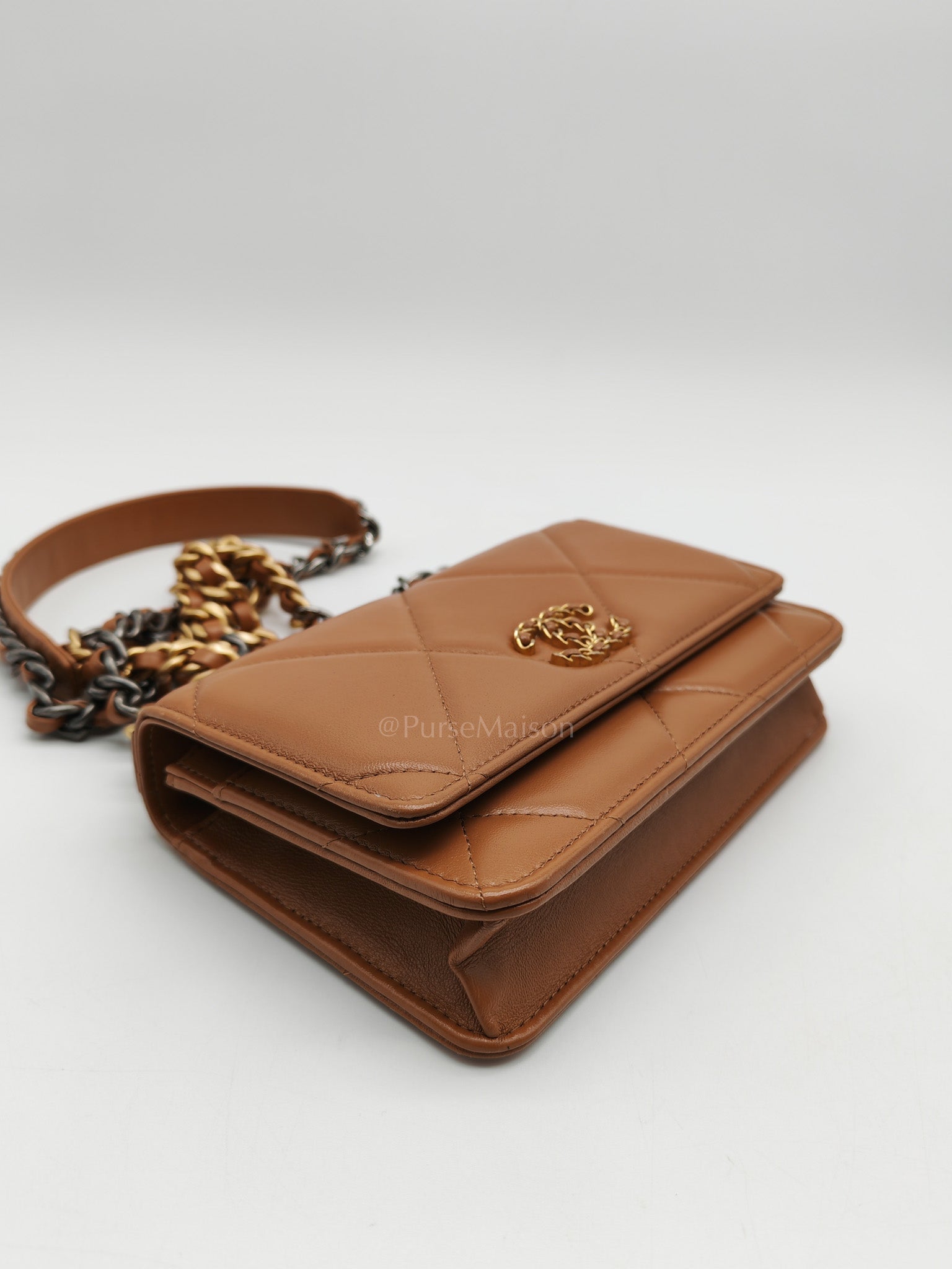 Chanel 19 Wallet On Chain (WOC) Caramel Lambskin Leather Mix Hardware (Microchip)