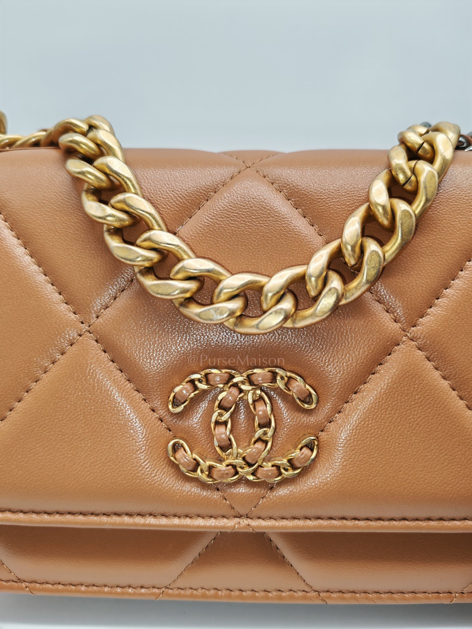 Chanel 19 Wallet On Chain (WOC) Caramel Lambskin Leather Mix Hardware (Microchip)