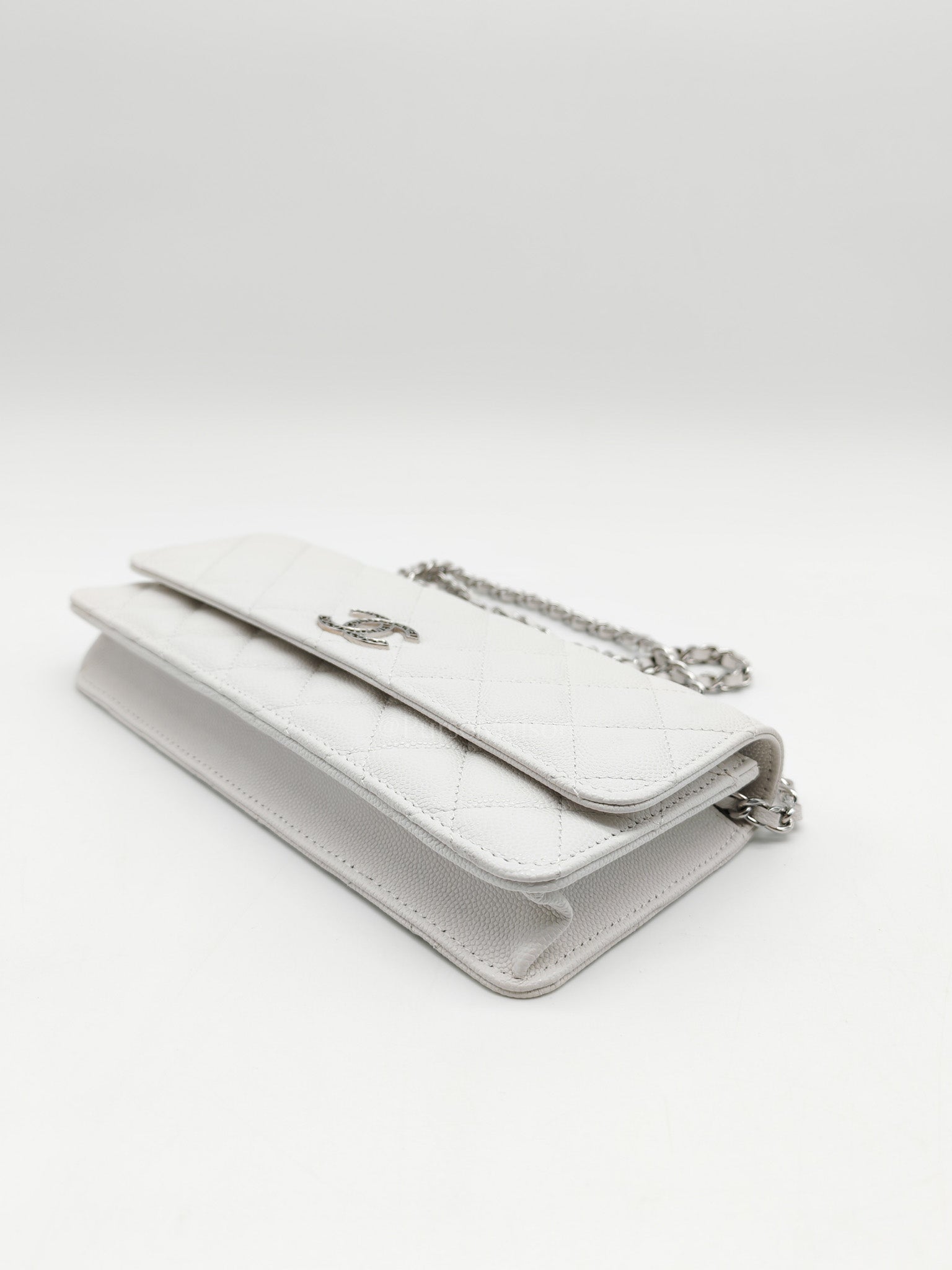 Chanel Long Wallet on Chain in White Caviar Leather Silver Hardware (Microchip)
