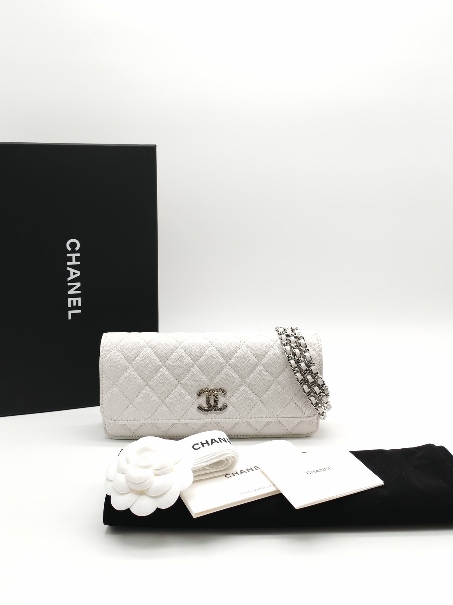 Chanel Long Wallet on Chain in White Caviar Leather Silver Hardware (Microchip)
