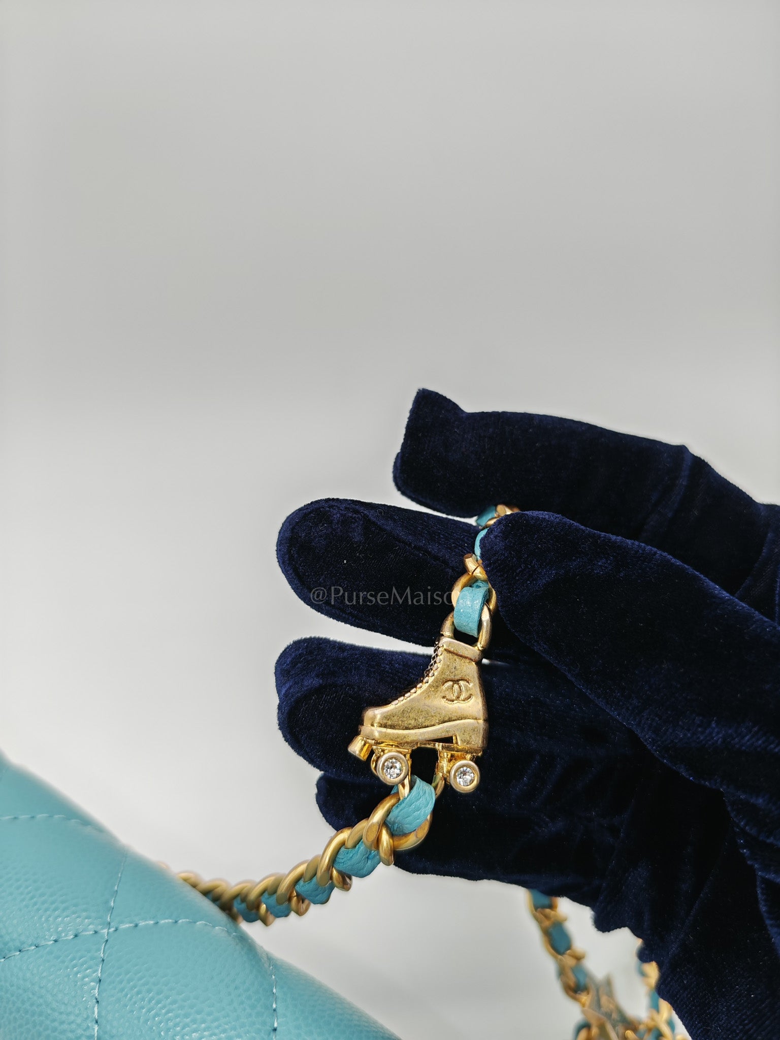 Charming Phone Holder with Chain in Teal Blue Caviar Leather & Gold Hardware (Microchip) | Purse Maison Luxury Bags Shop