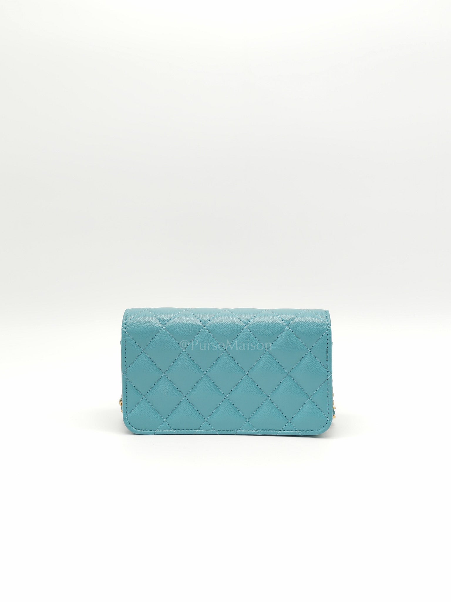 Charming Phone Holder with Chain in Teal Blue Caviar Leather & Gold Hardware (Microchip) | Purse Maison Luxury Bags Shop