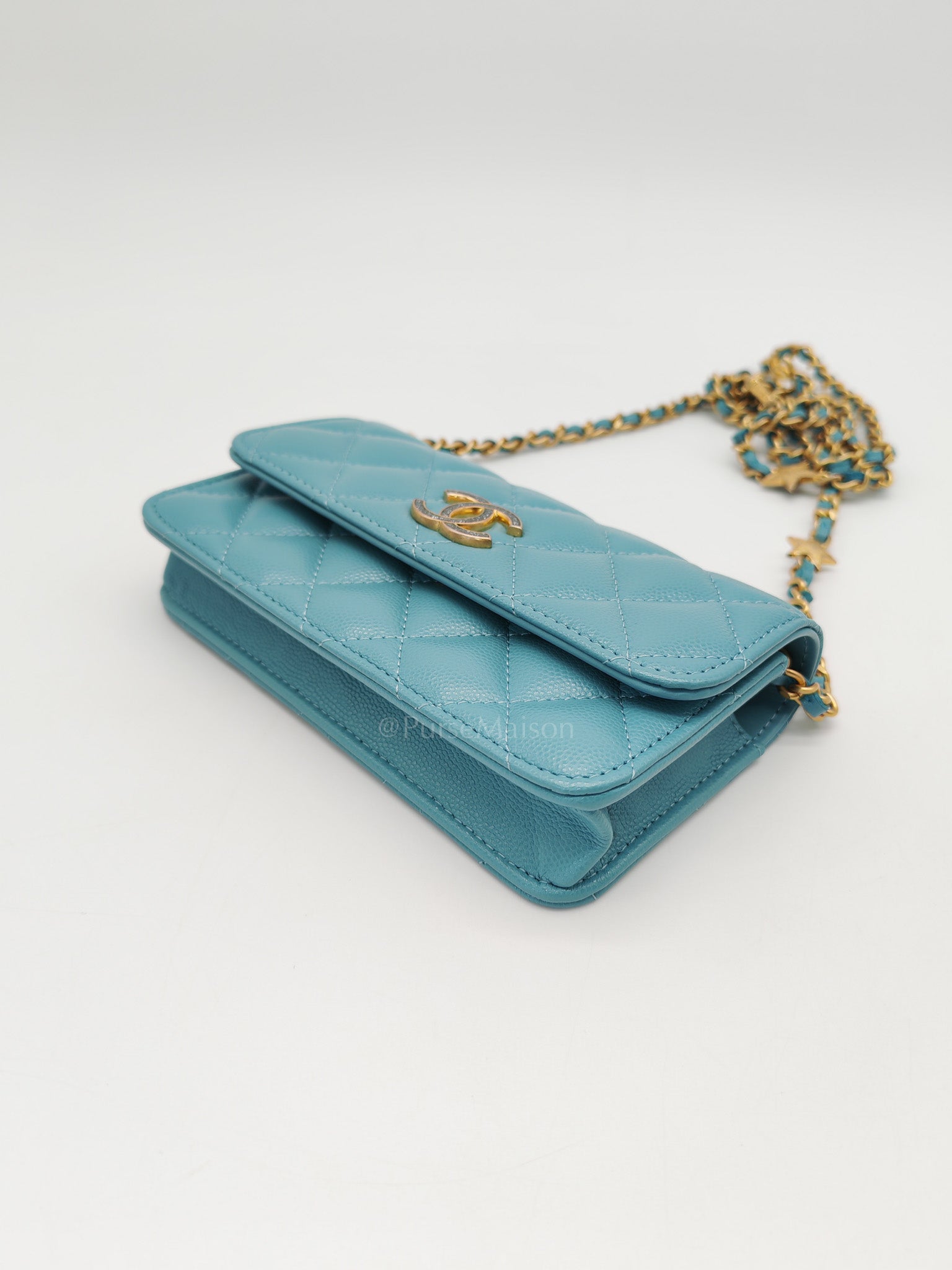 Charming Phone Holder with Chain in Teal Blue Caviar Leather & Gold Hardware (Microchip) | Purse Maison Luxury Bags Shop
