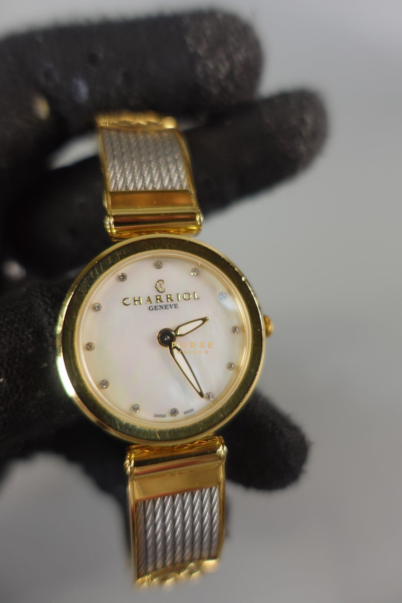 Charriol Forever Watch 32mm Mother of Pearl Gold Bezel in Steel Cable Bracelet | Purse Maison Luxury Bags Shop