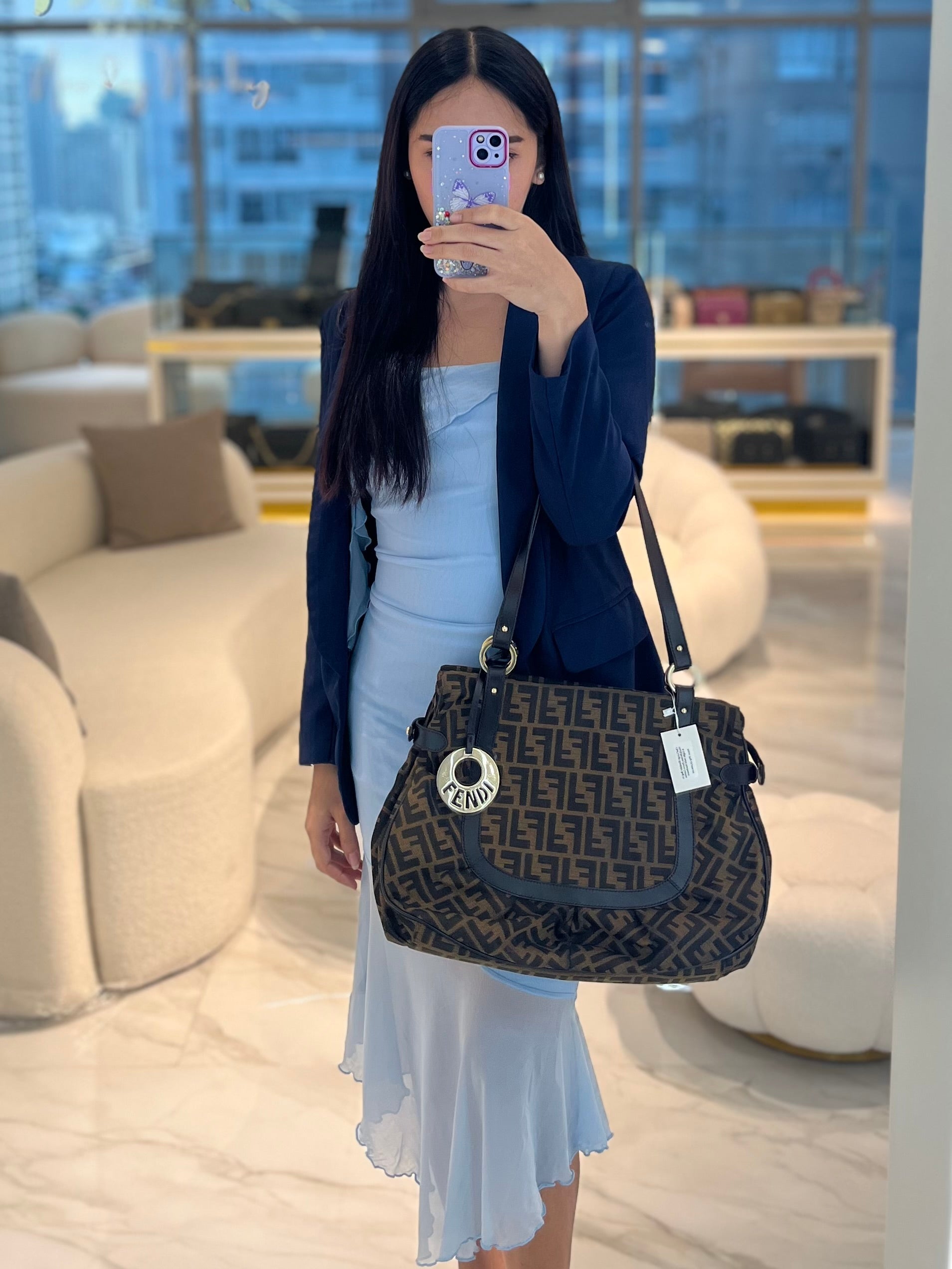 Chef Large Shoulder Bag in Black/Brown Zucca Canvas & Light Gold Hardware | Purse Maison Luxury Bags Shop