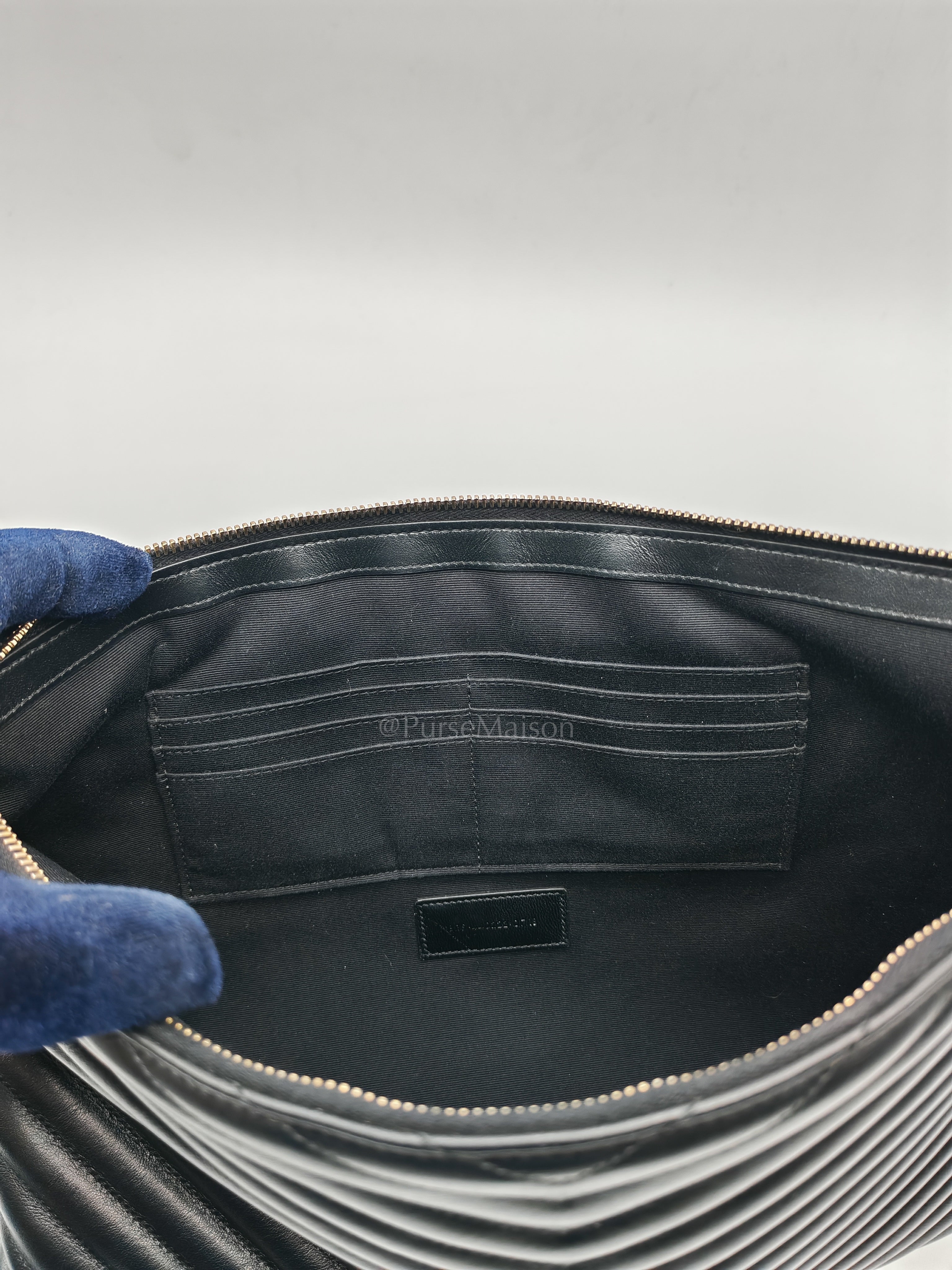 Chevron Clutch Bag in Black Quilted Matellase Leather & Gold Hardware | Purse Maison Luxury Bags Shop