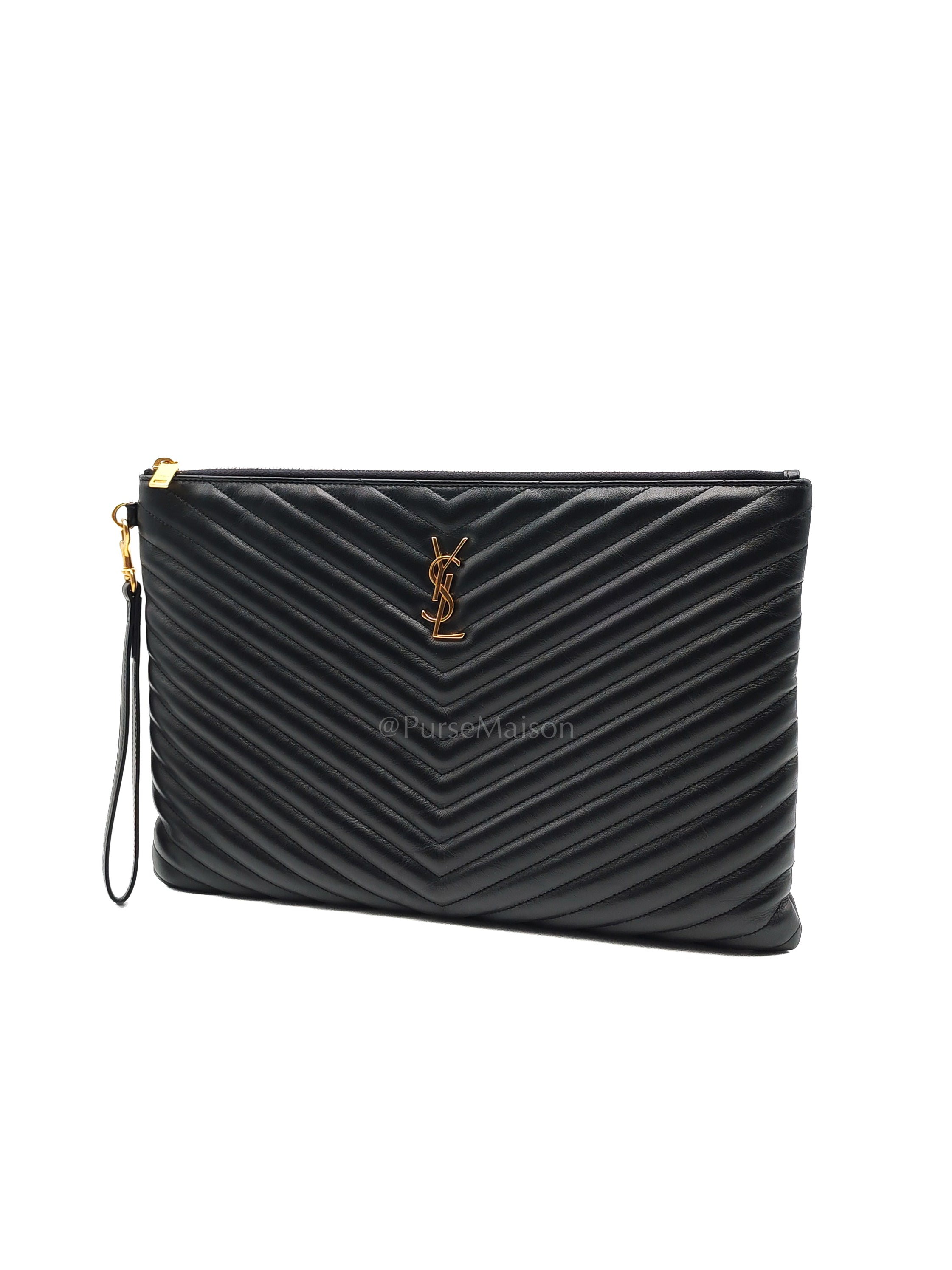 Chevron Clutch Bag in Black Quilted Matellase Leather & Gold Hardware | Purse Maison Luxury Bags Shop