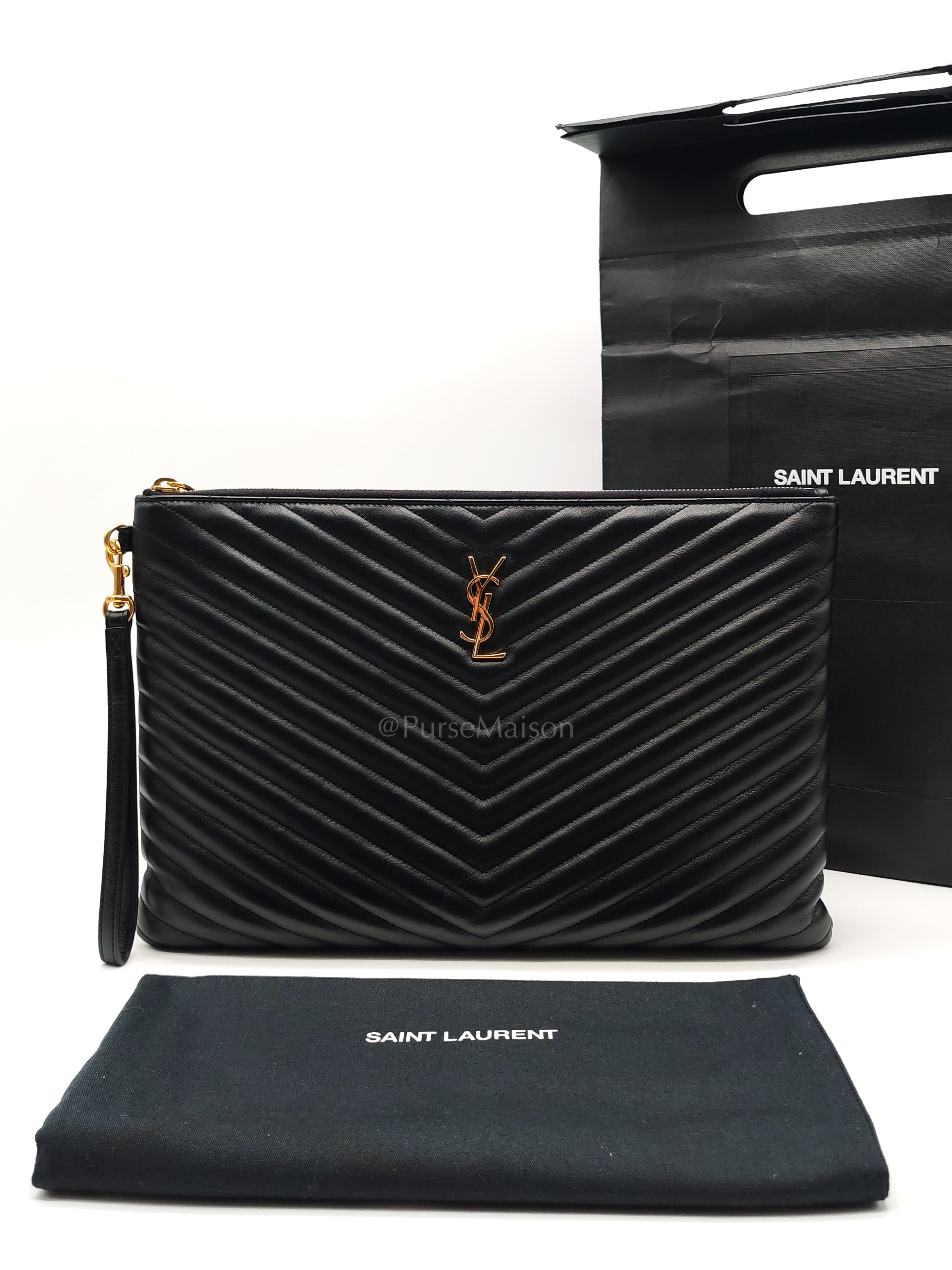 Chevron Clutch Bag in Black Quilted Matellase Leather & Gold Hardware | Purse Maison Luxury Bags Shop