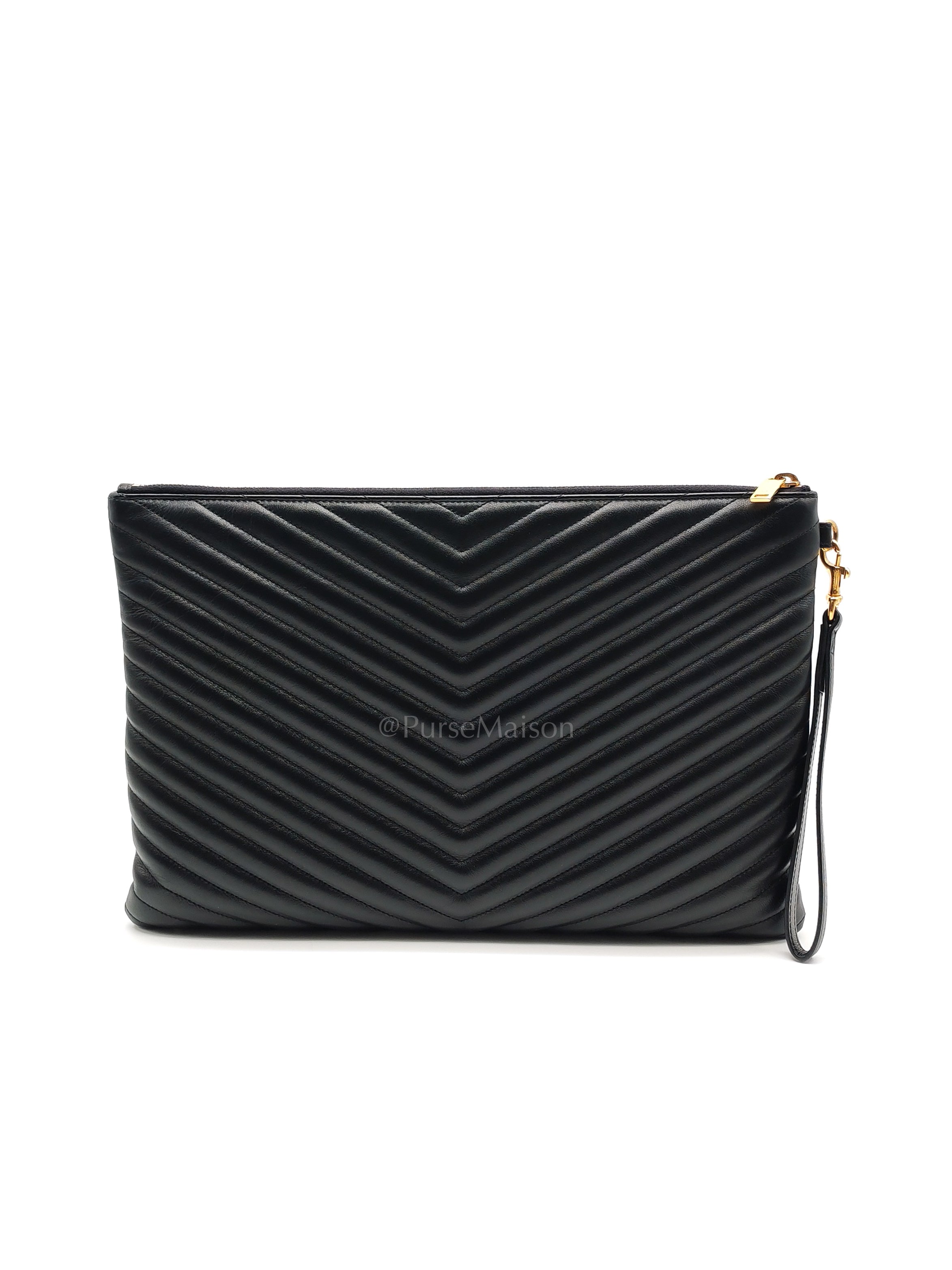 Chevron Clutch Bag in Black Quilted Matellase Leather & Gold Hardware | Purse Maison Luxury Bags Shop