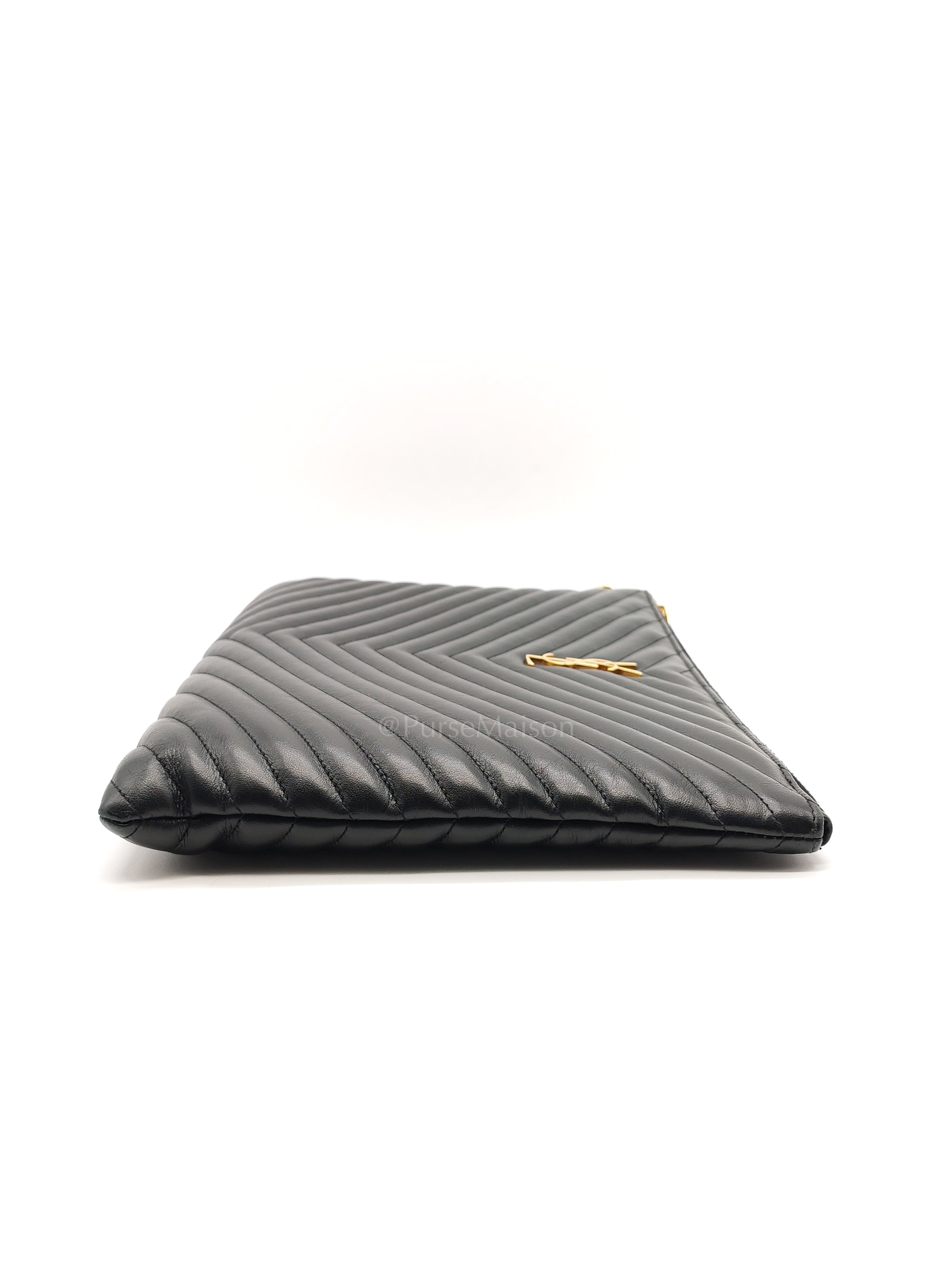 Chevron Clutch Bag in Black Quilted Matellase Leather & Gold Hardware | Purse Maison Luxury Bags Shop