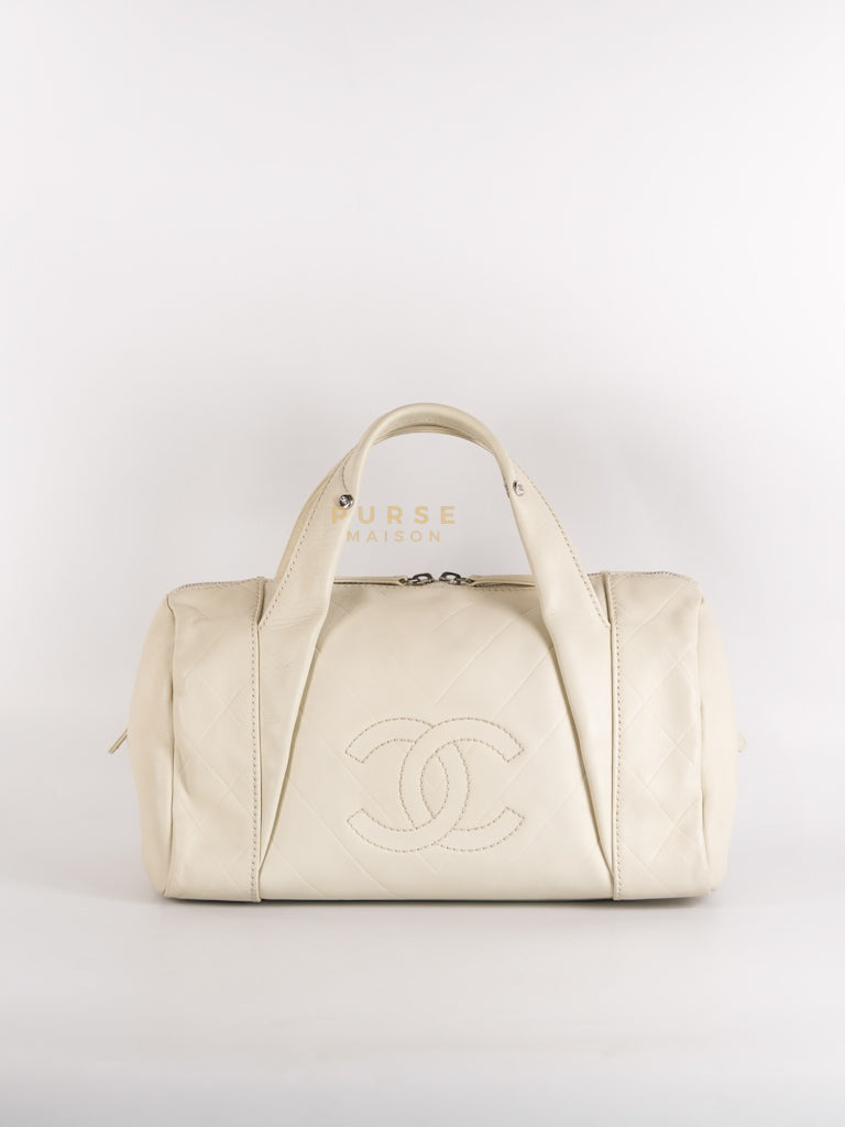 Chevron V-Stitch Cream Calfskin Leather Boston Bag Series 10 | Purse Maison Luxury Bags Shop
