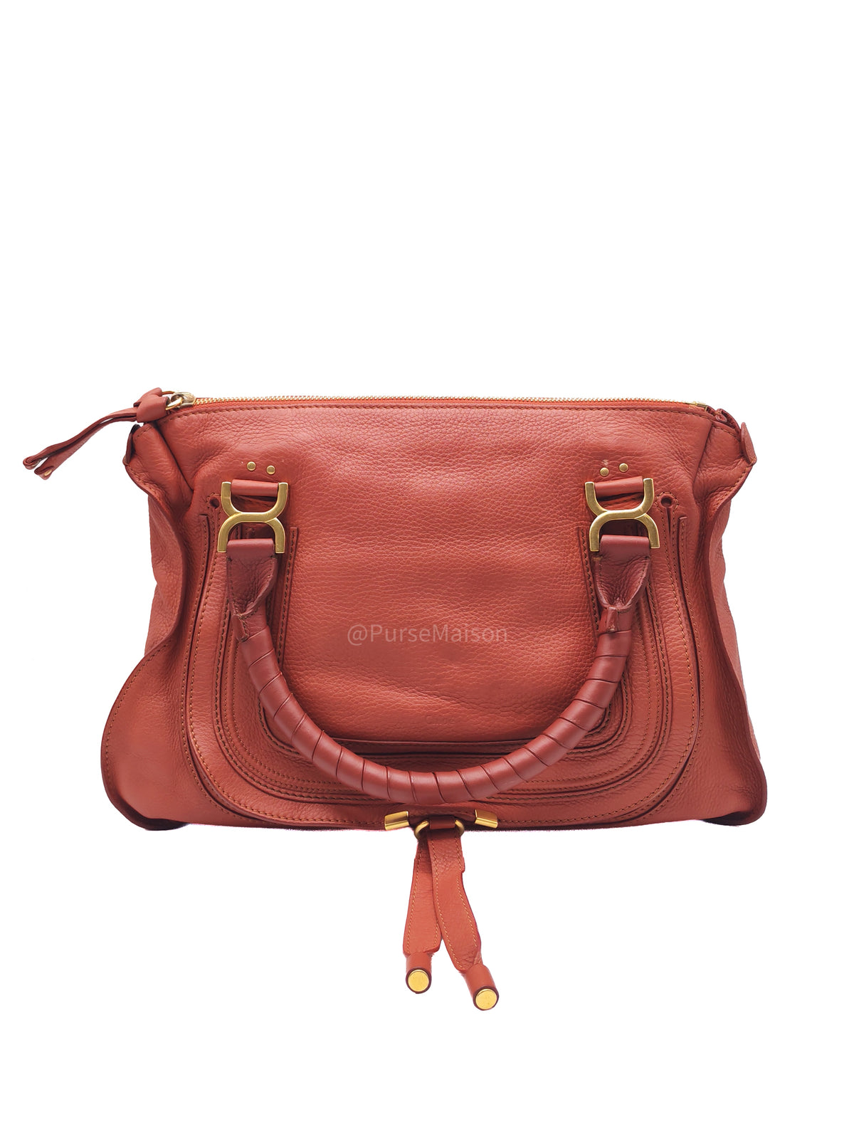 Chloe Marcie Satchel Bag in Reddish-Brown Grained Calfskin Leather and Aged Gold Hardware | Purse Maison Luxury Bags Shop