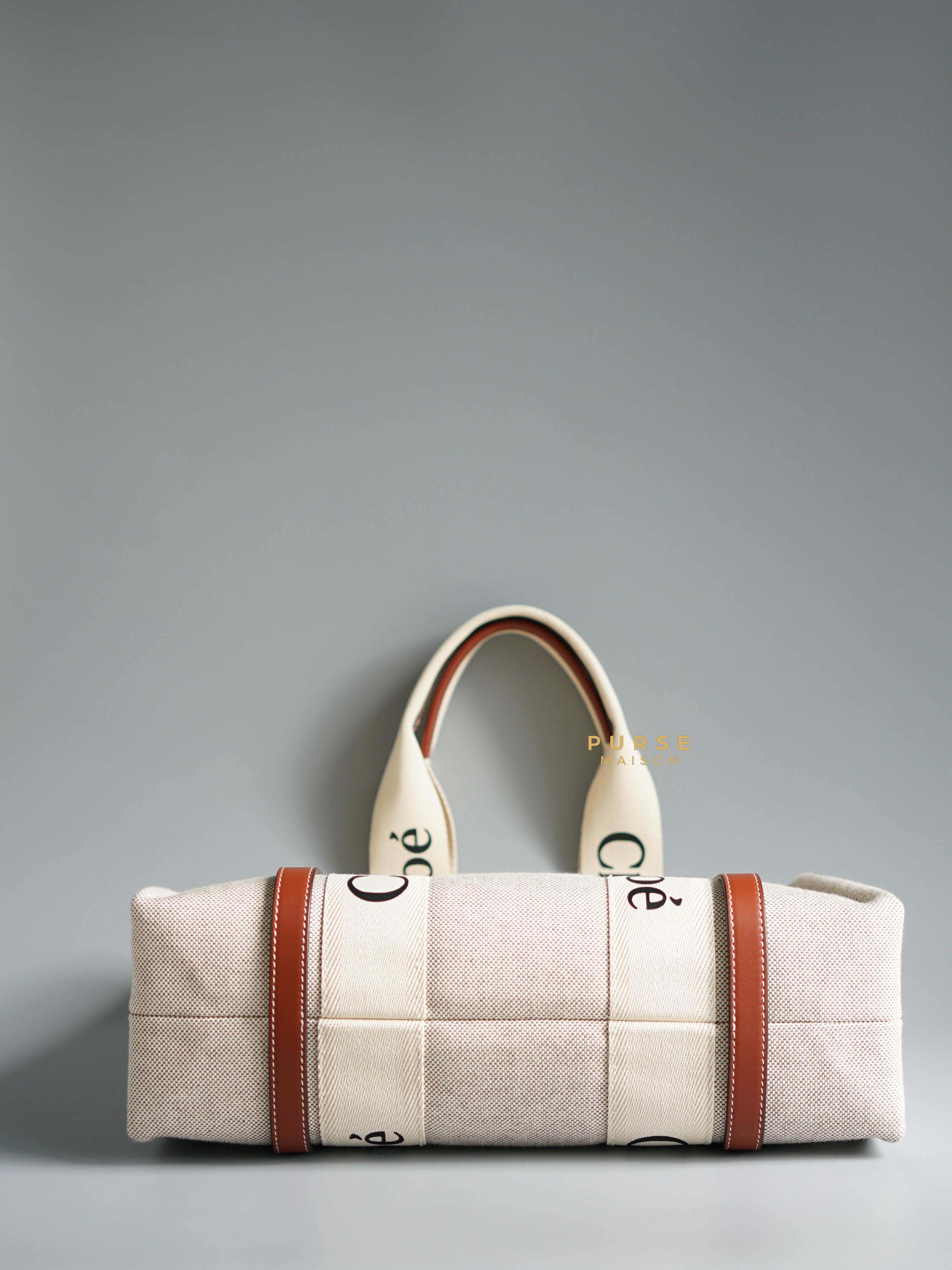 Chloe Medium Woody Canvas Tote Bag (White/Brown) | Purse Maison Luxury Bags Shop