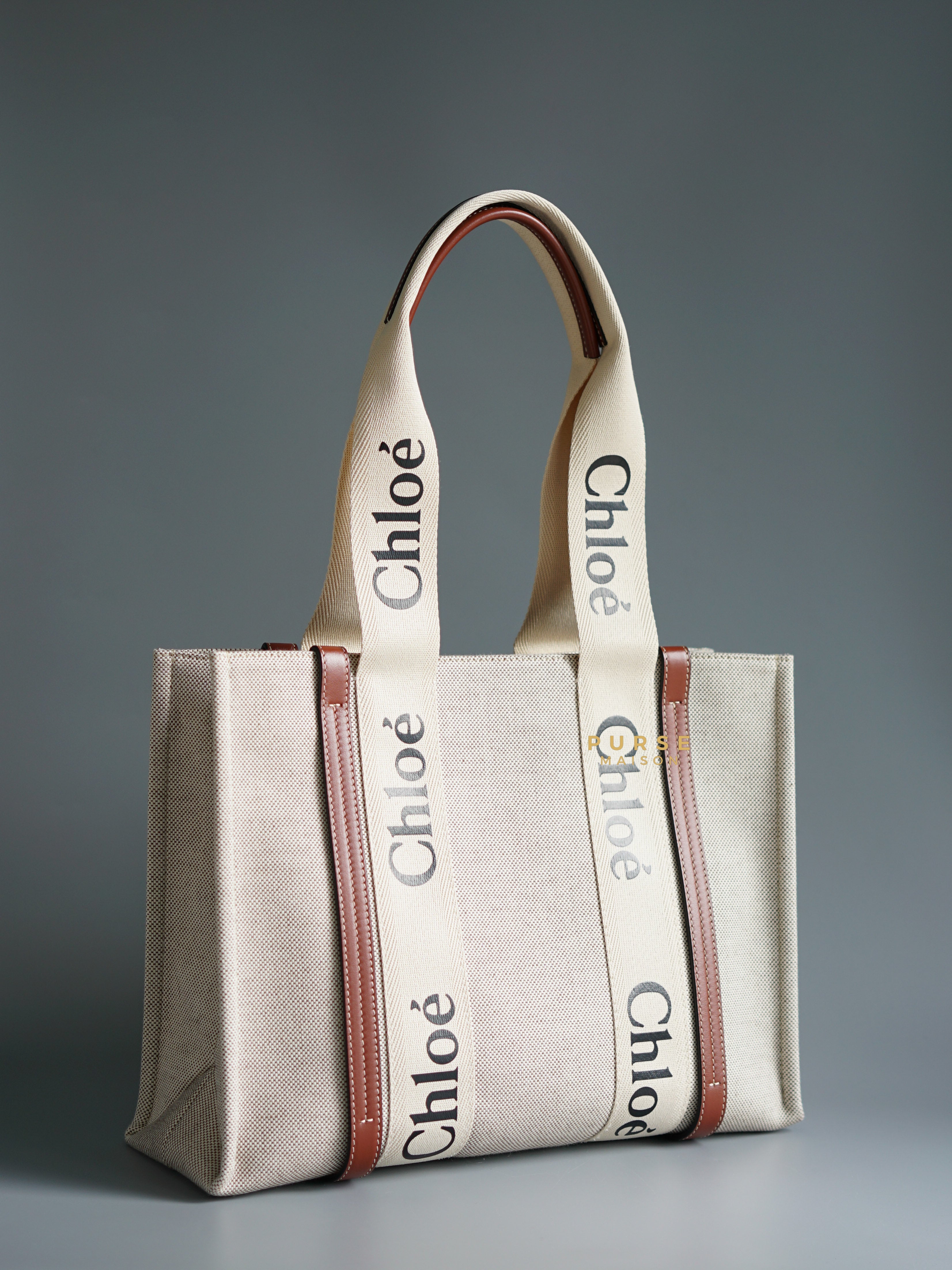 Chloe Medium Woody Canvas Tote Bag (White/Brown) | Purse Maison Luxury Bags Shop