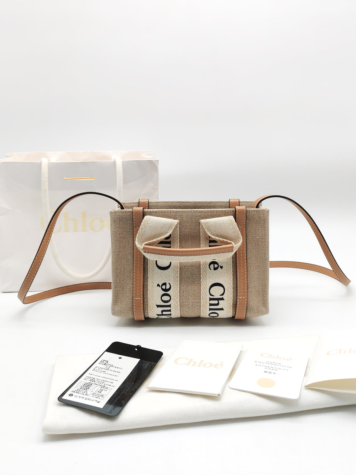 Chloe Mini Woody Tote Bag in Brown Linen Canvas | Purse Maison Luxury Bags Shop