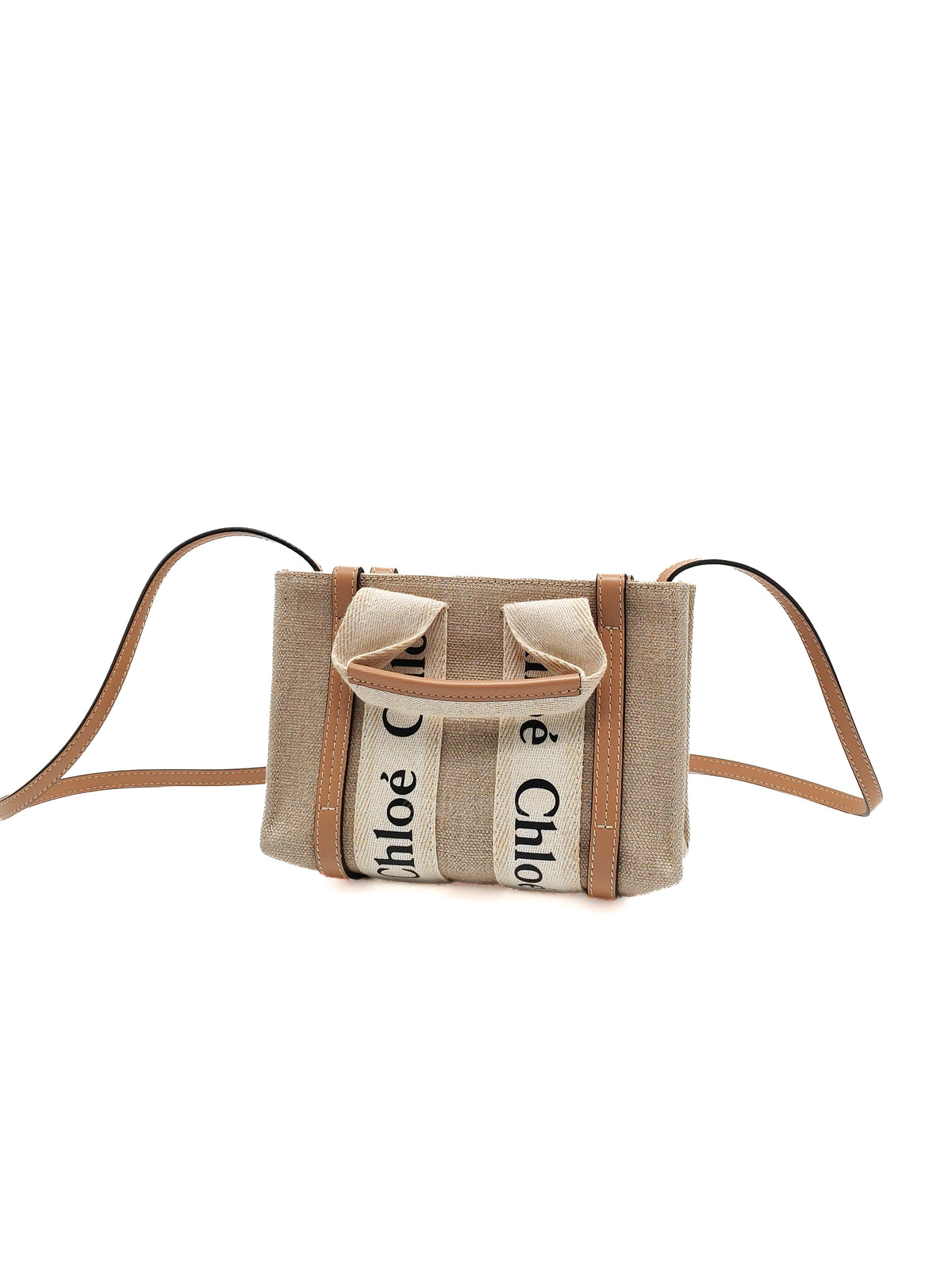 Chloe Mini Woody Tote Bag in Brown Linen Canvas | Purse Maison Luxury Bags Shop