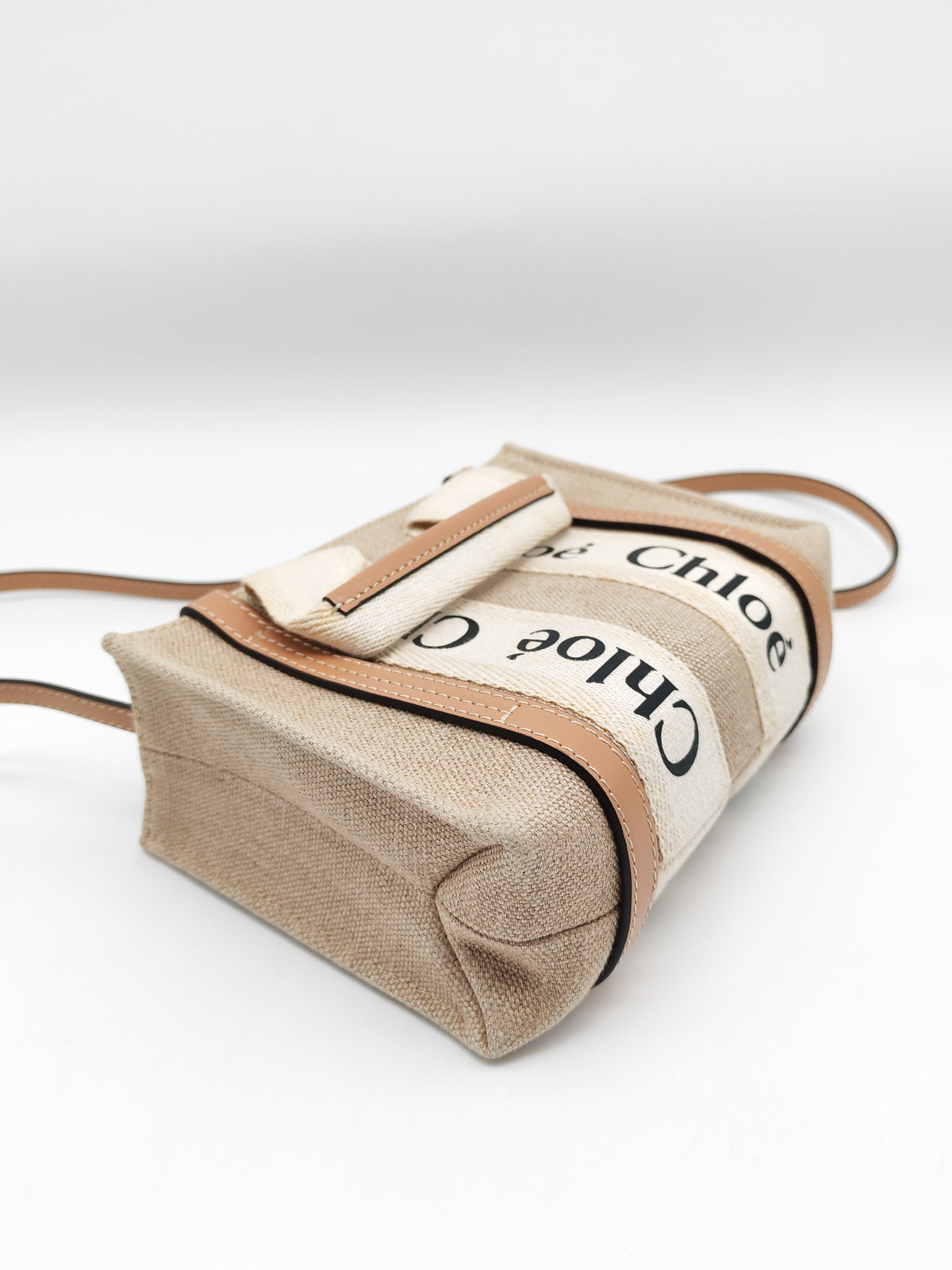Chloe Mini Woody Tote Bag in Brown Linen Canvas | Purse Maison Luxury Bags Shop