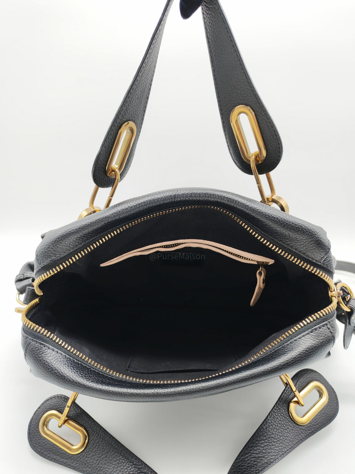 Chloe Paraty Top Handle Shoulder Bag in Black Grained Calfskin Leather and Gold Hardware | Purse Maison Luxury Bags Shop