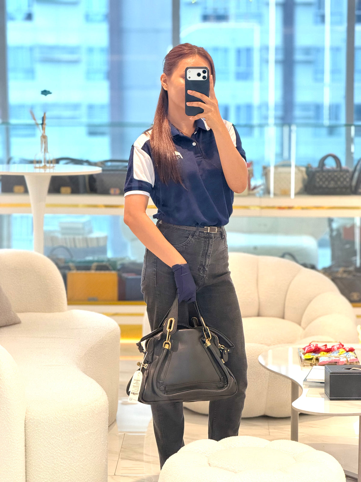 Chloe Paraty Top Handle Shoulder Bag in Black Grained Calfskin Leather and Gold Hardware | Purse Maison Luxury Bags Shop