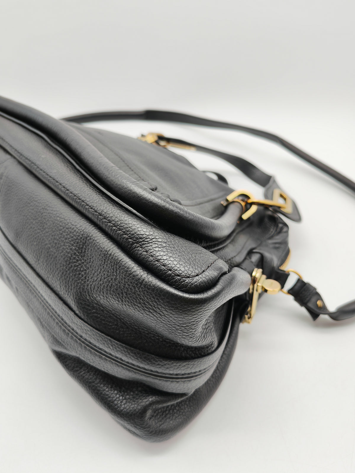 Chloe Paraty Top Handle Shoulder Bag in Black Grained Calfskin Leather and Gold Hardware | Purse Maison Luxury Bags Shop