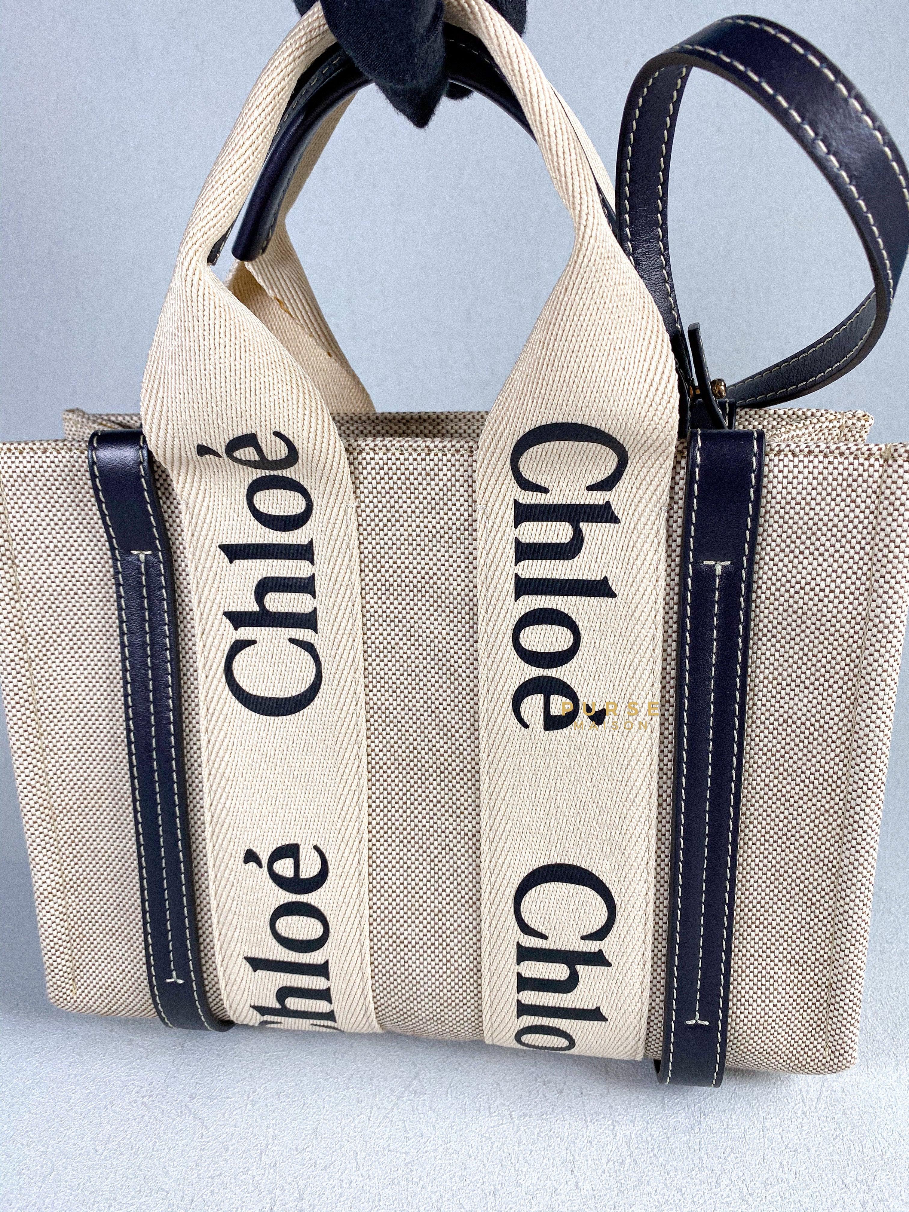 Chloe Small Woody Canvas Tote Bag (White/Navy Blue) | Purse Maison Luxury Bags Shop