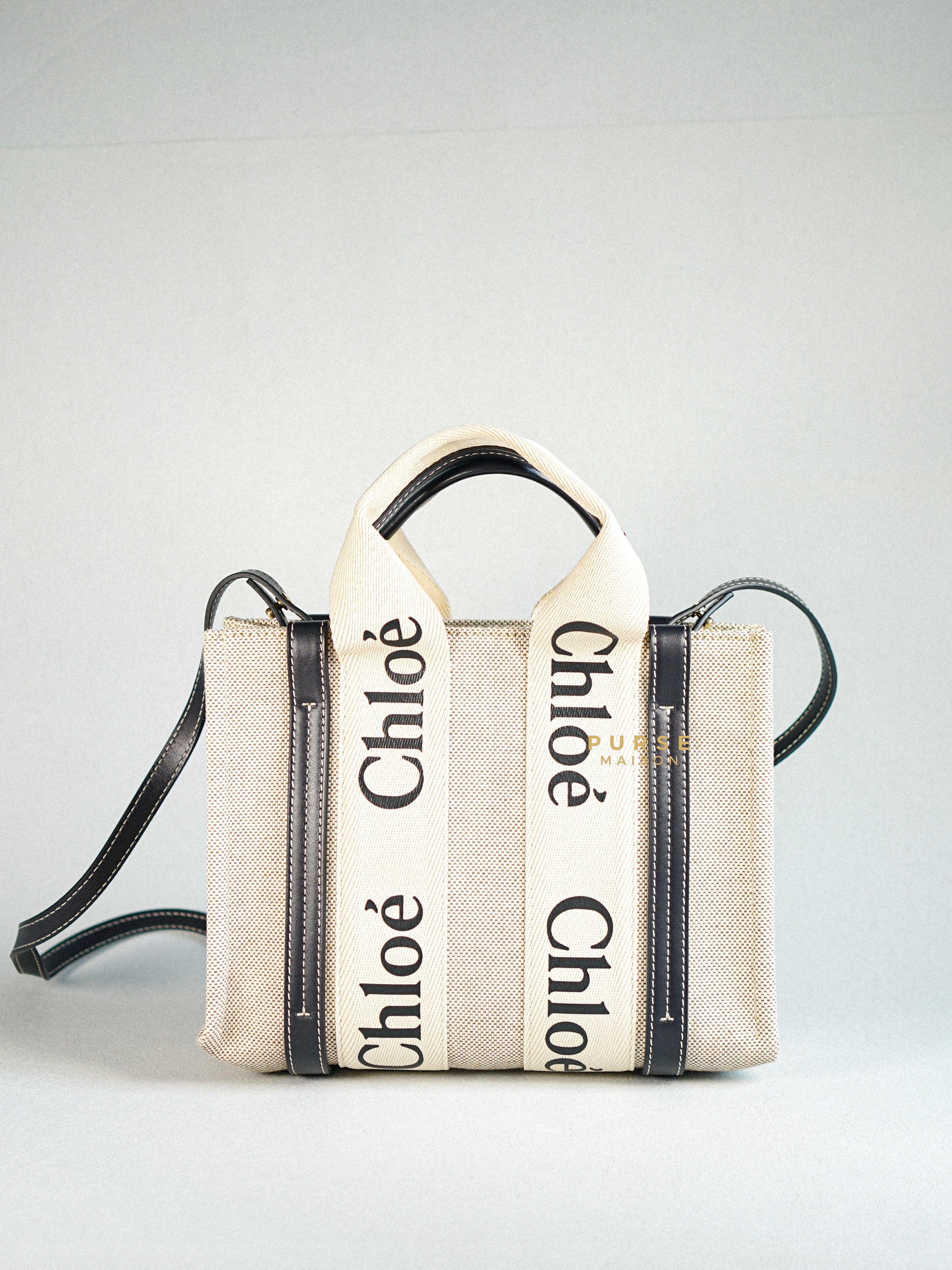 Chloe Small Woody Canvas Tote Bag (White/Navy Blue) | Purse Maison Luxury Bags Shop