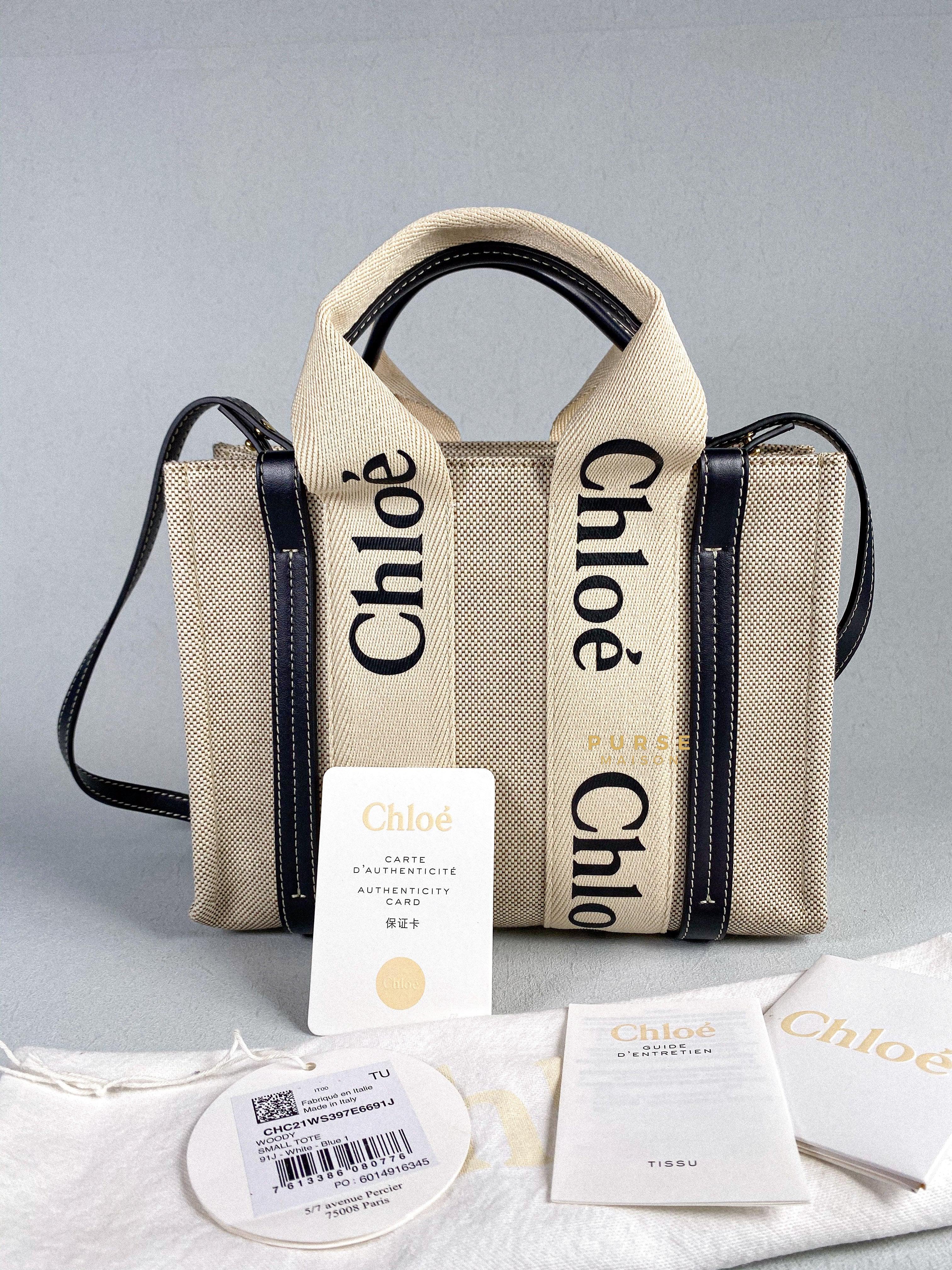 Chloe Small Woody Canvas Tote Bag (White/Navy Blue) | Purse Maison Luxury Bags Shop